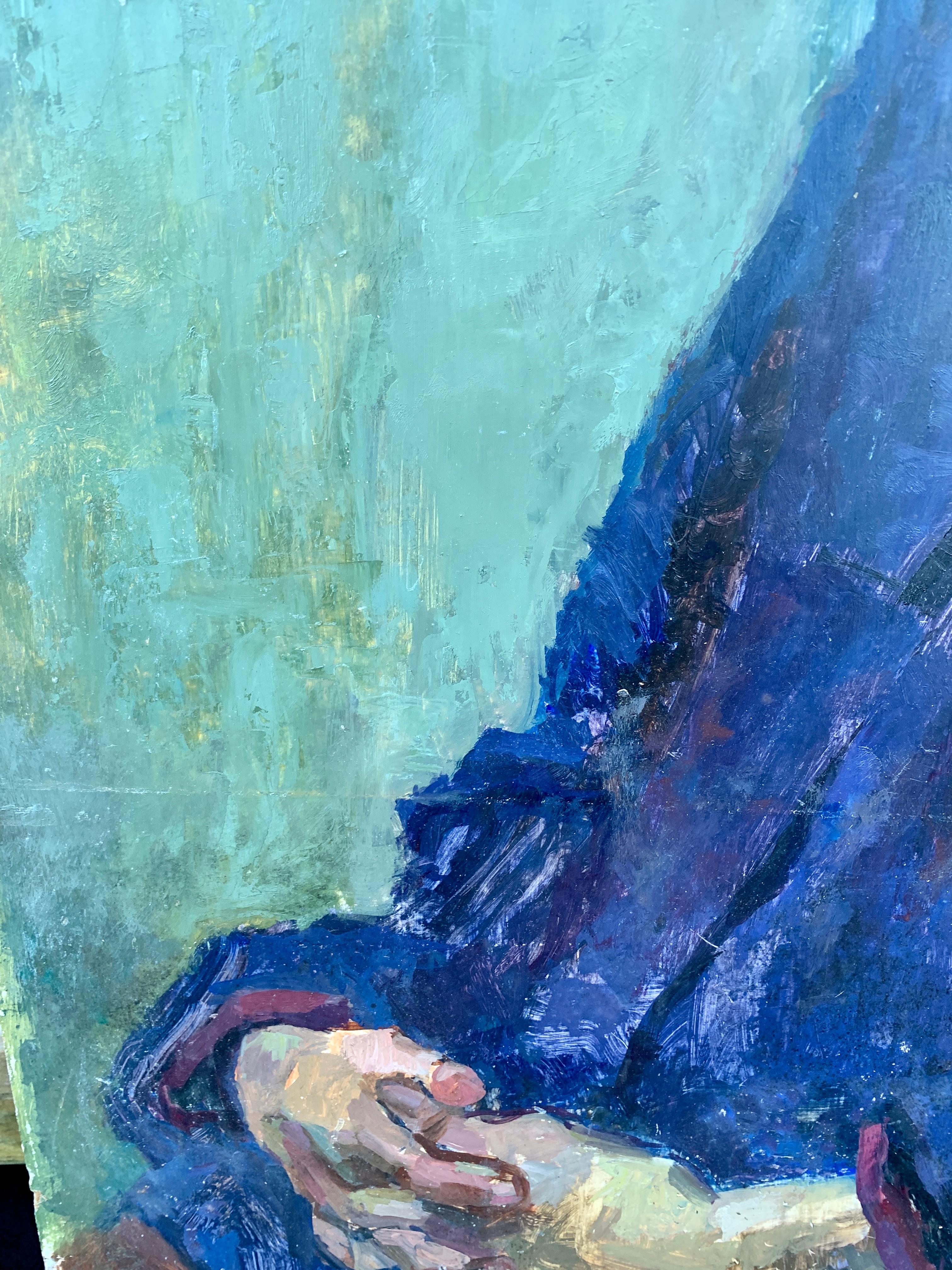 1950's Mid Century modernes englisches Ölporträt einer sitzenden Frau in einem Interieur

Der Künstler war ein Porträt- und Figurenmaler, der in den 1950er und 1960er Jahren tätig war

Großartiger Einsatz von Farbe und abstrakten