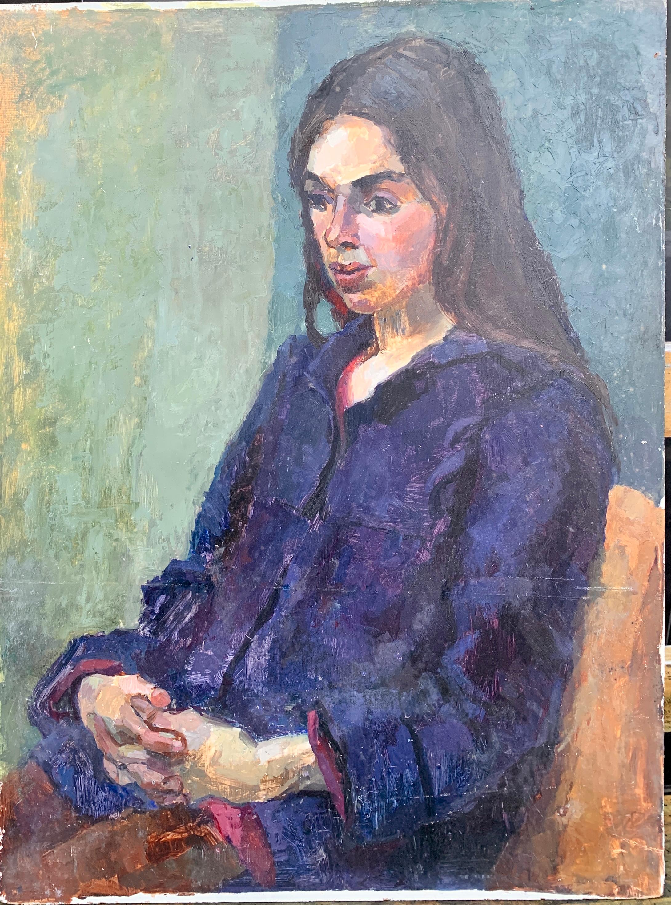 Laure Jessop Portrait Painting – Englisches Ölporträt einer sitzenden Frau in einem Innenraum, Mid-Century Modern, 1950er Jahre