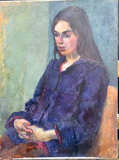 Vintage 1950's Mid Century modern English oil portrait of a woman seated in an interior