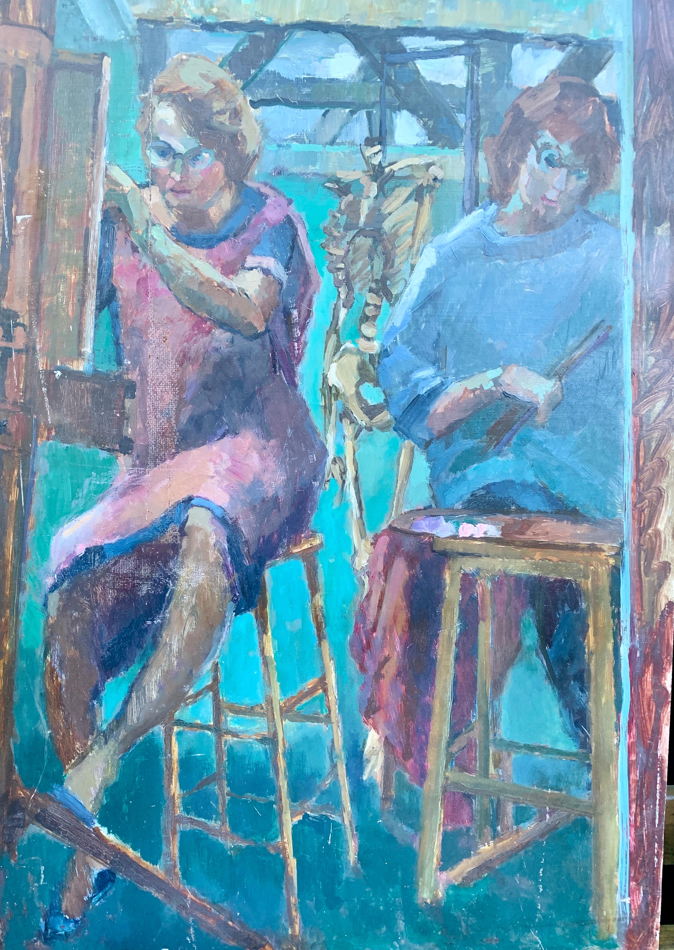 1950's Mid Century modern English oil portrait,  two women in a artists studio - Painting by Laure Jessop