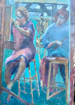 1950's Mid Century modern English oil portrait,  two women in a artists studio