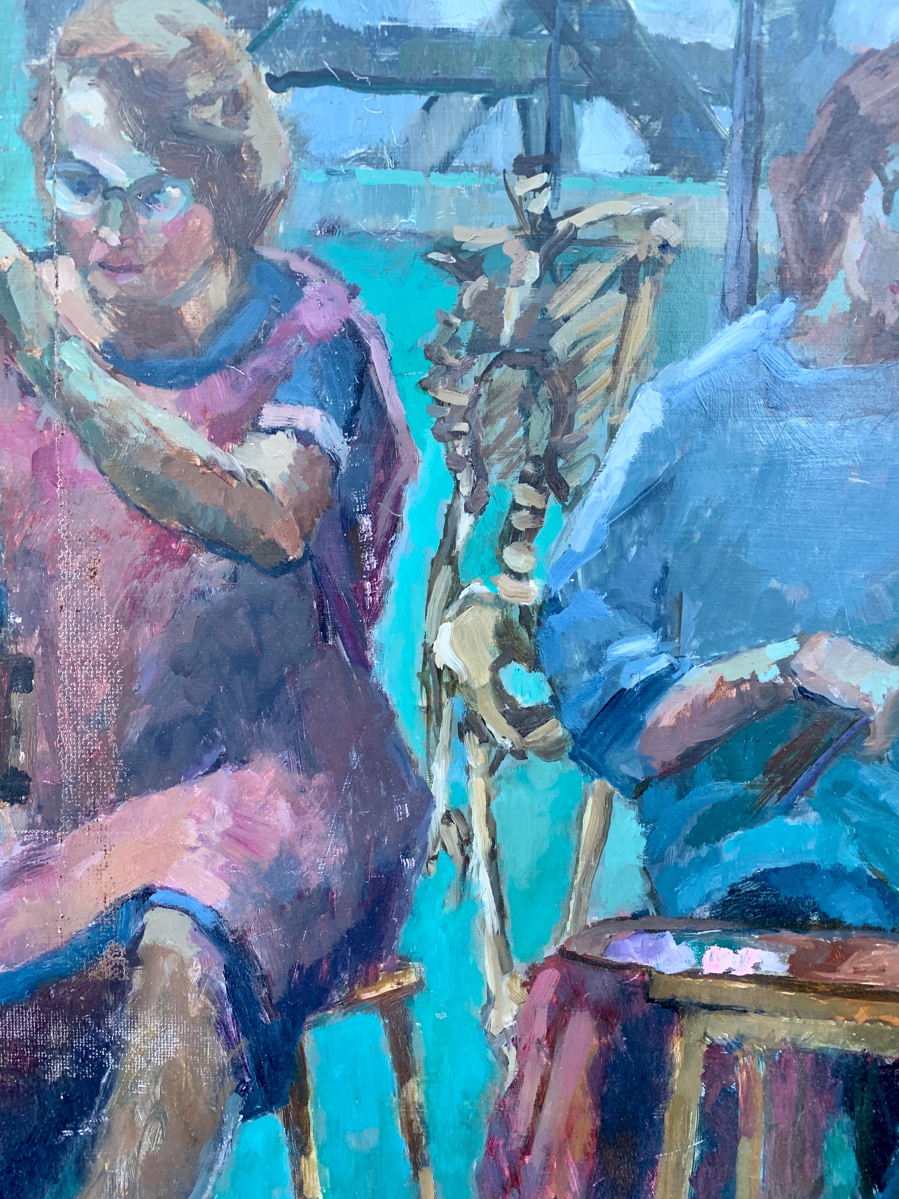 Englisches Ölporträt der 1950er Jahre, Moderne der Mitte des Jahrhunderts  Zwei Frauen im Atelier eines Künstlers (Abstrakter Impressionismus), Painting, von Laure Jessop