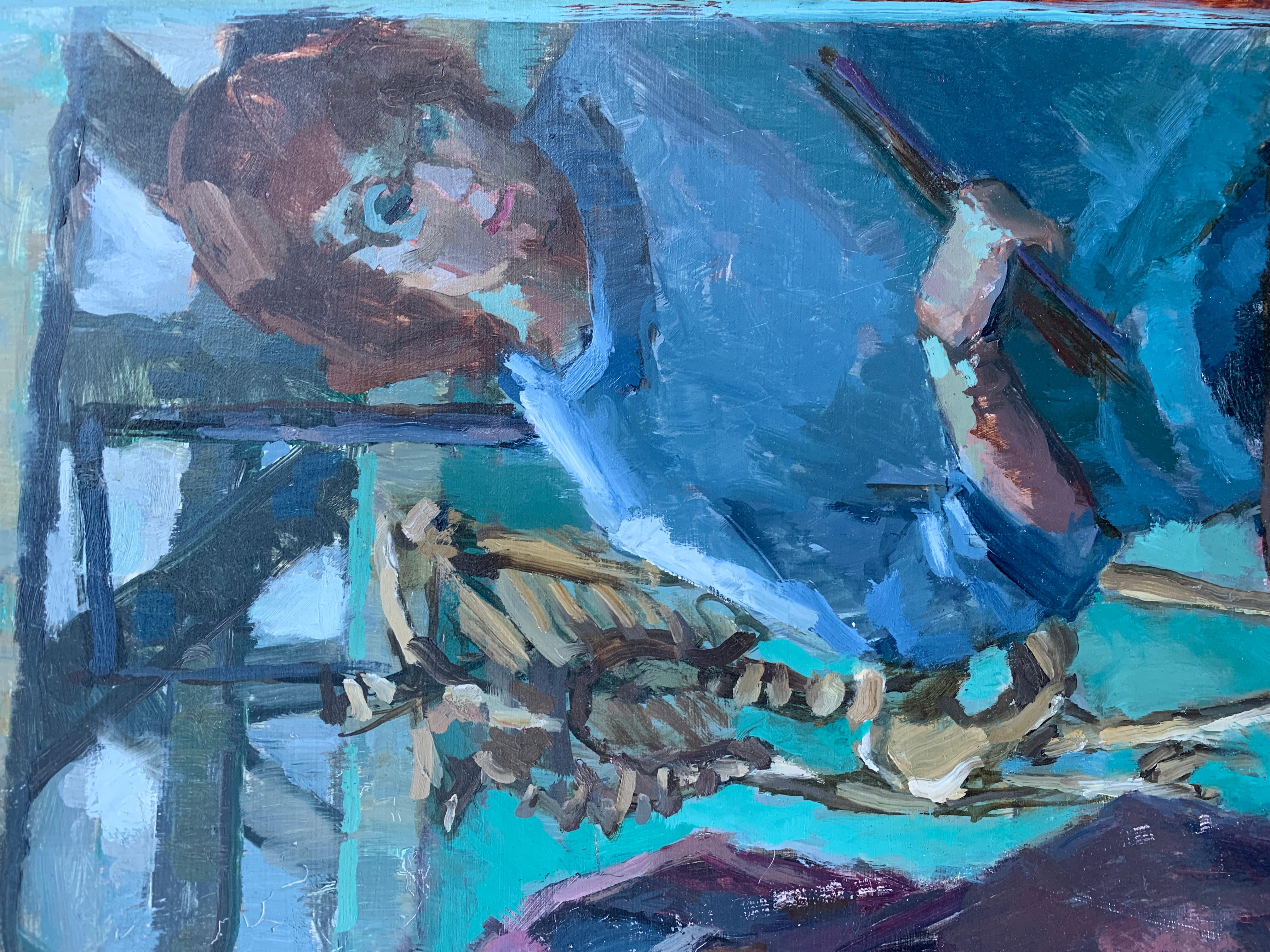 Englisches Ölporträt der 1950er Jahre, Moderne der Mitte des Jahrhunderts  Zwei Frauen im Atelier eines Künstlers (Blau), Nude Painting, von Laure Jessop
