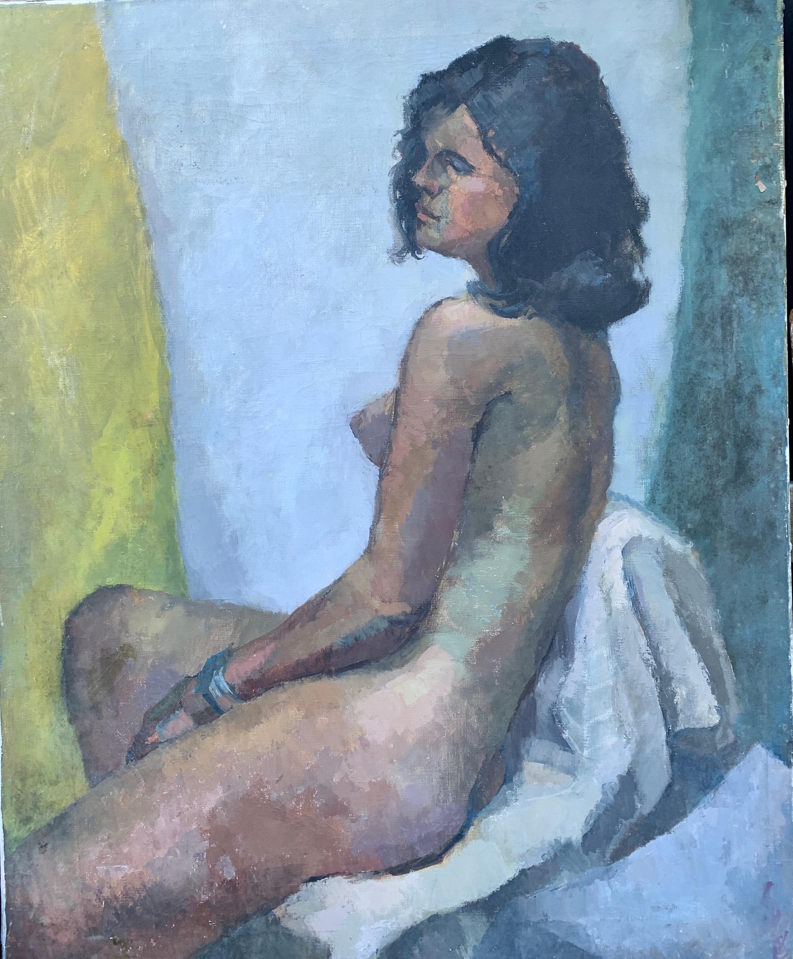 Portrait à l'huile moderne du milieu du siècle dernier d'une femme nue noire assise sur un fauteuil, années 1950 