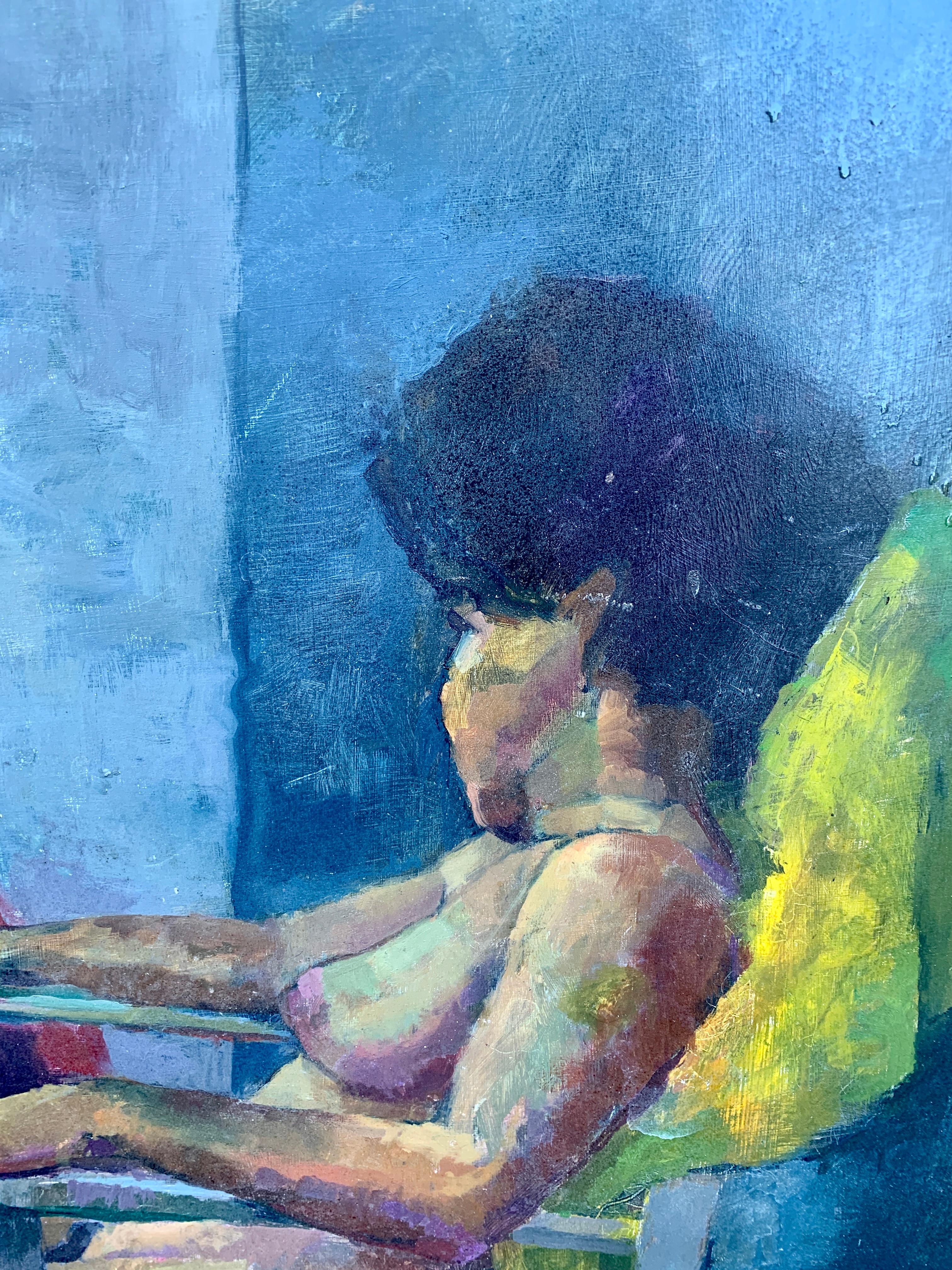 1950's Mid Century modernes Ölporträt einer nackten schwarzen Frau, die auf einem Stuhl sitzt – Painting von Laure Jessop