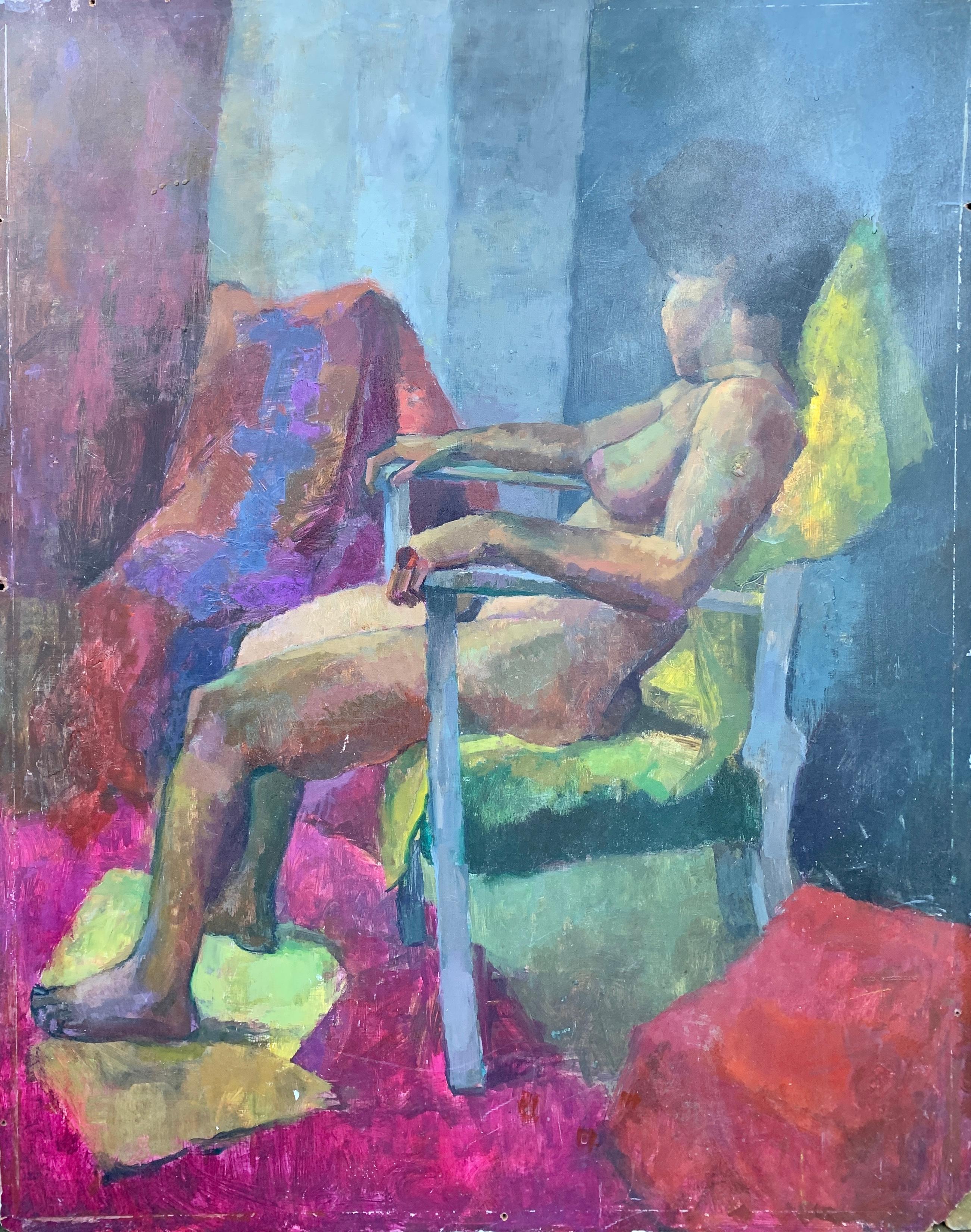 Portrait à l'huile moderne du milieu du siècle dernier d'une femme noire nue assise sur un fauteuil, années 1950