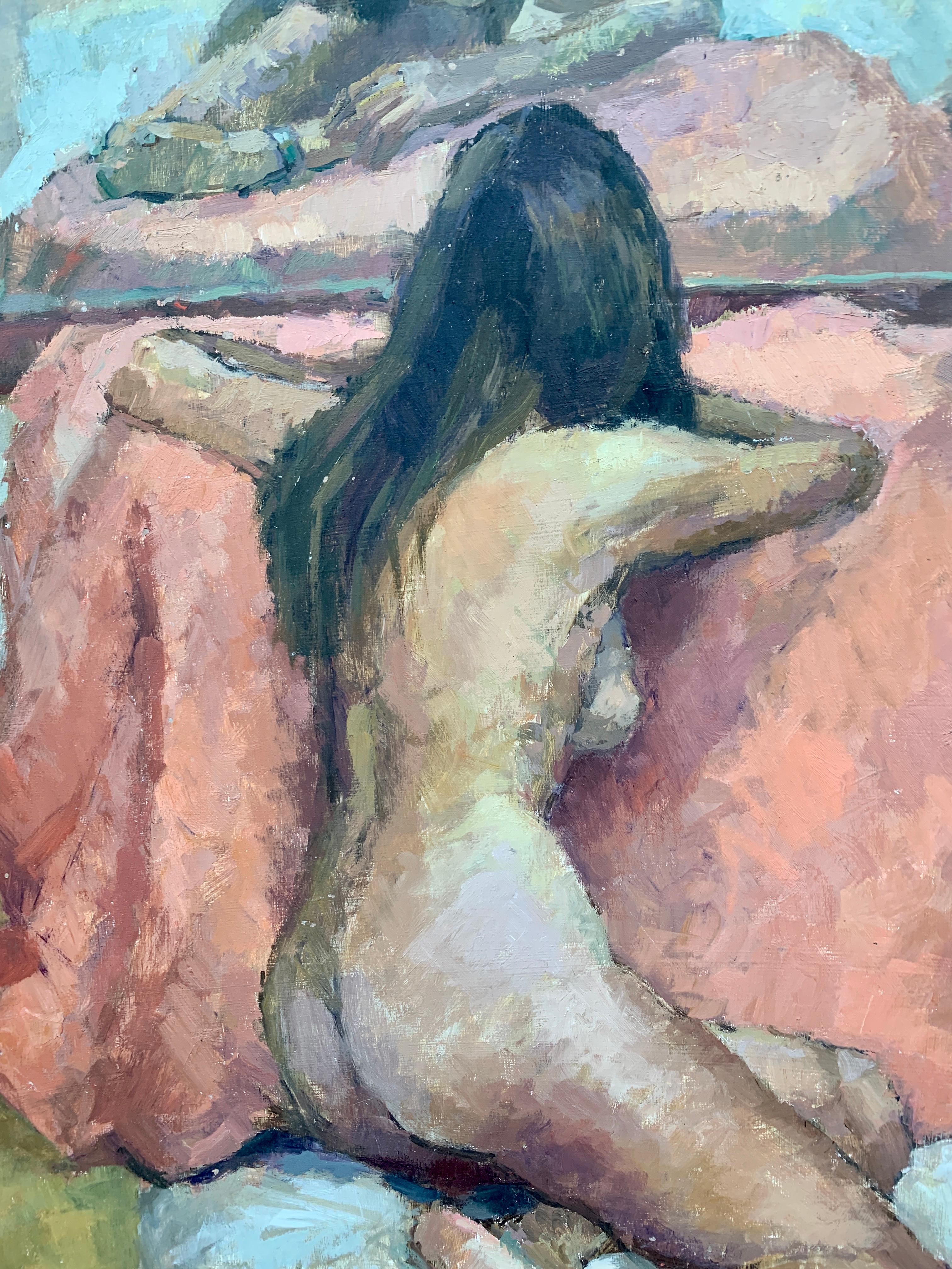 Modernes Ölporträt einer nackten Frau in einem Bett aus der Mitte der 1950er Jahre – Painting von Laure Jessop