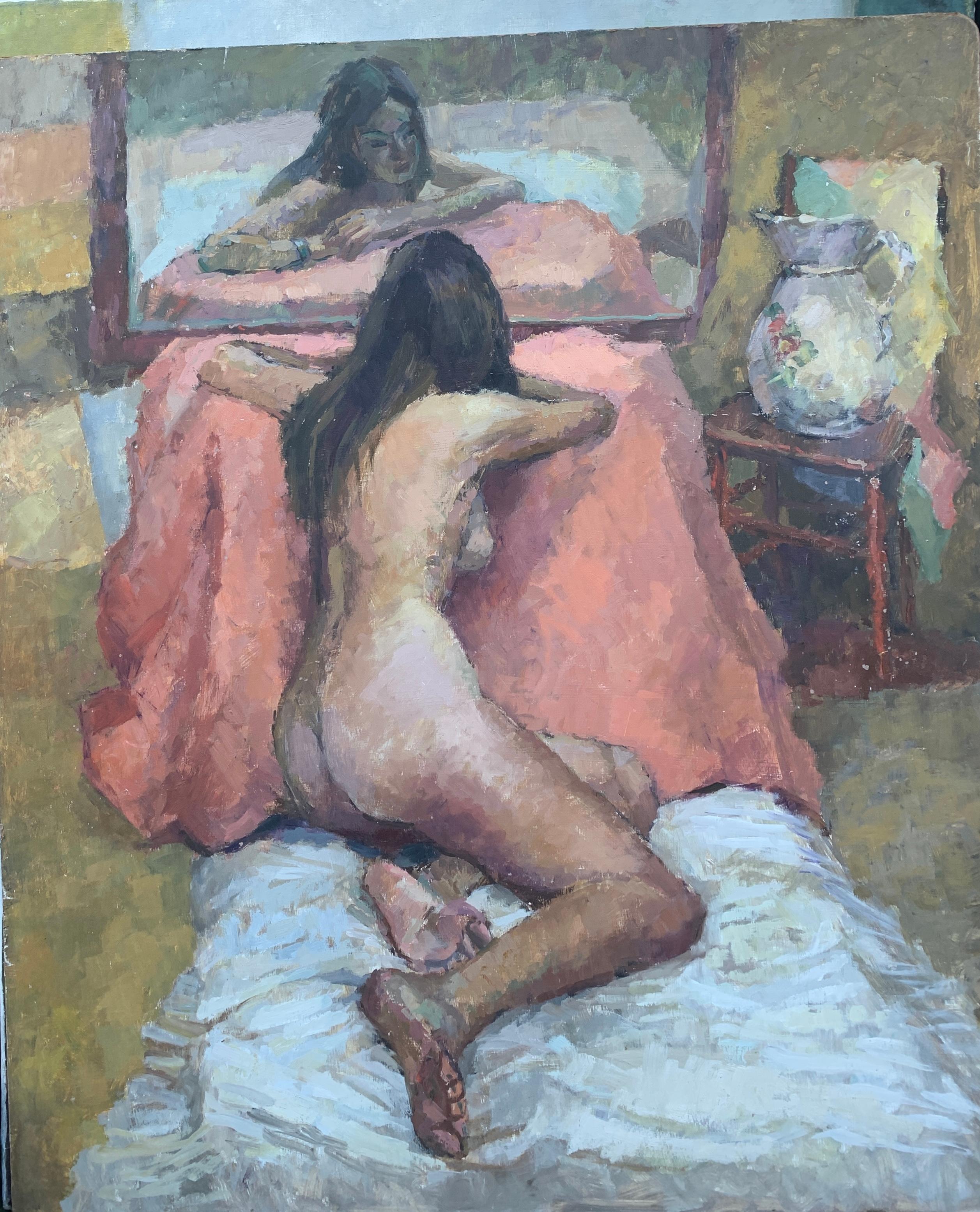 Laure Jessop Nude Painting – Modernes Ölporträt einer nackten Frau in einem Bett aus der Mitte der 1950er Jahre
