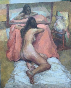 1950's Mid Century modern oil portrait of a nude woman a bed