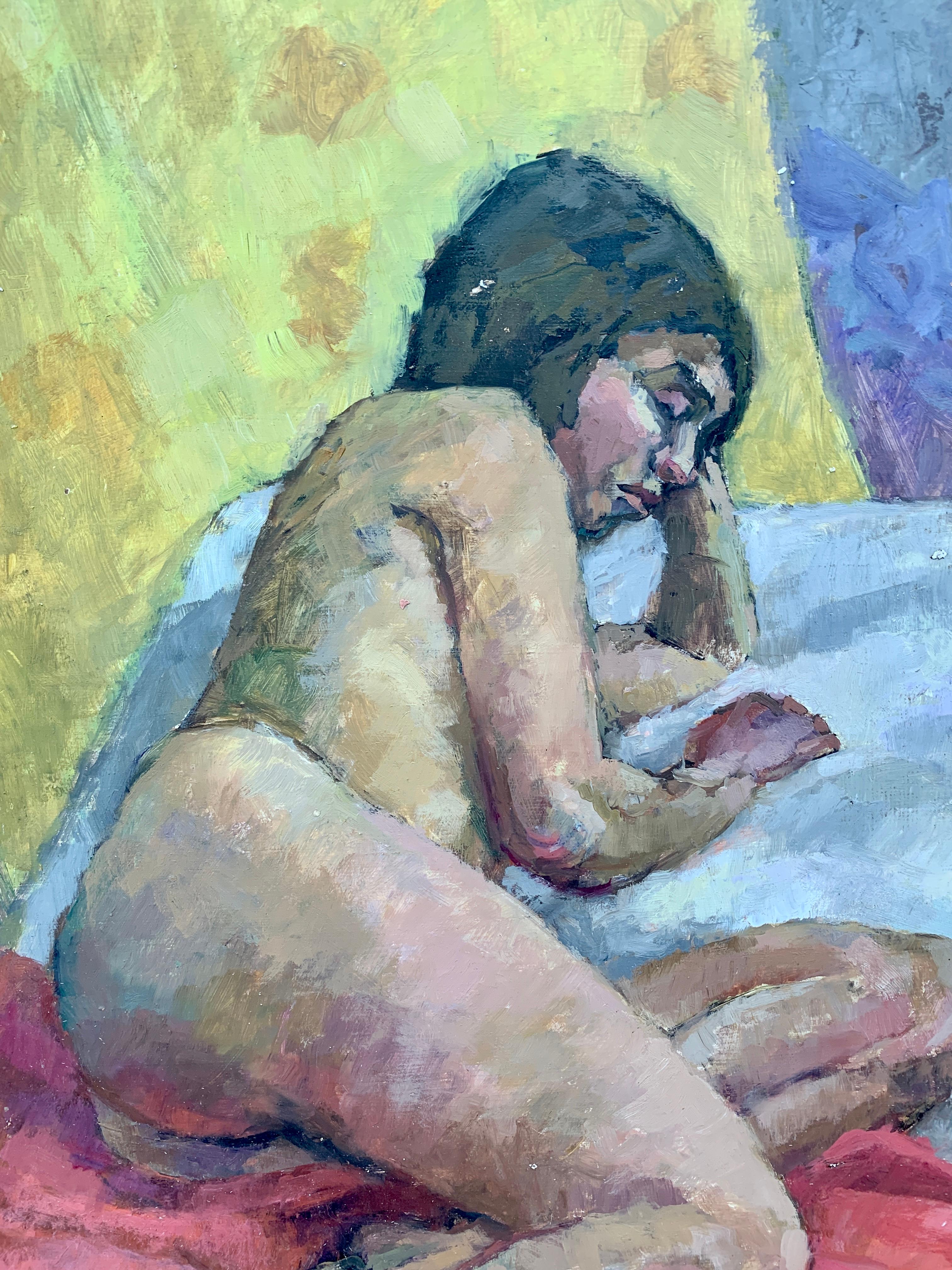 1950's Mid Century modern oil portrait of a nude woman laying on a bed - Painting by Laure Jessop