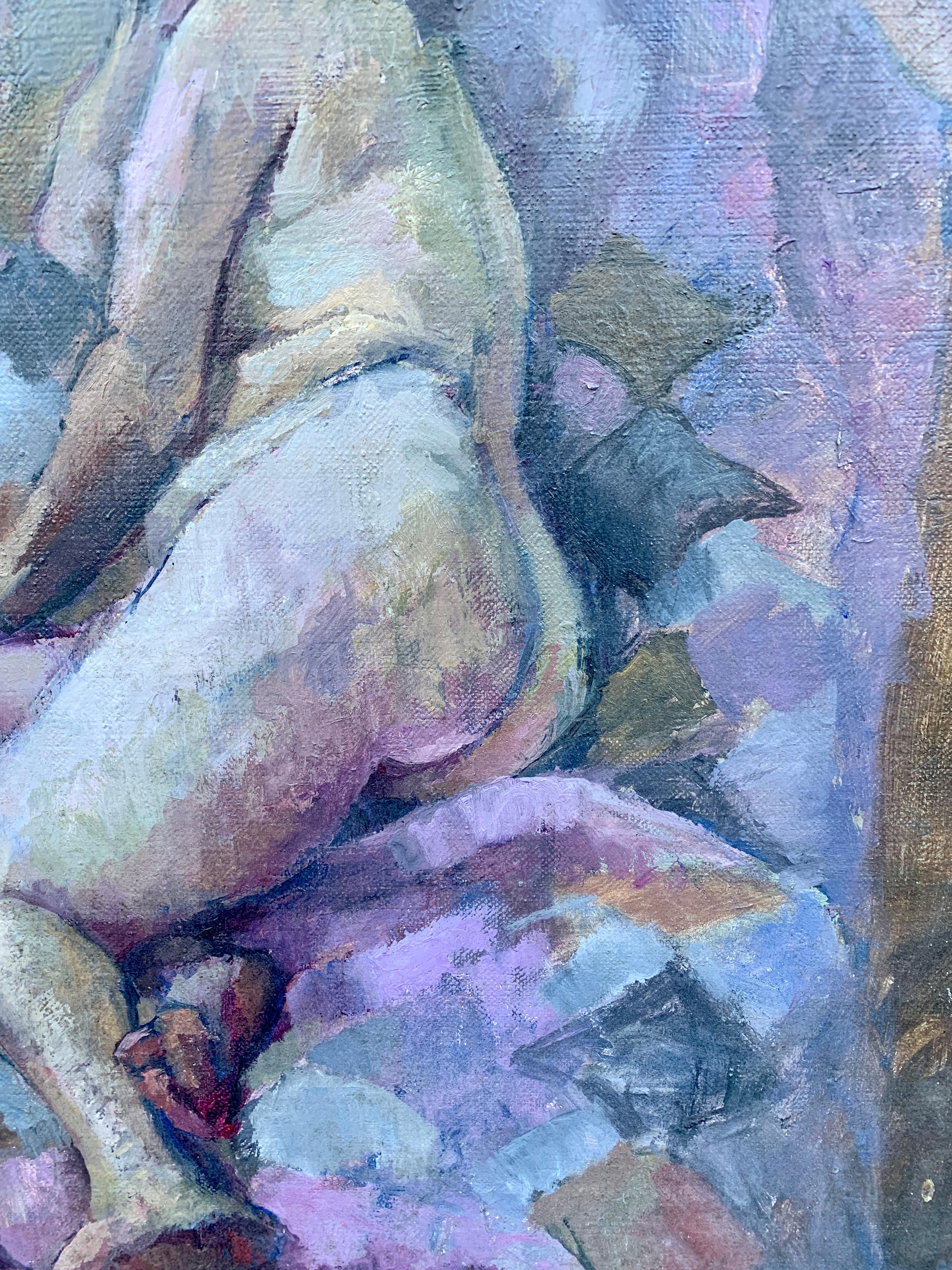 1950's Mid Century modern oil portrait of a nude woman laying on a bed - Painting by Laure Jessop