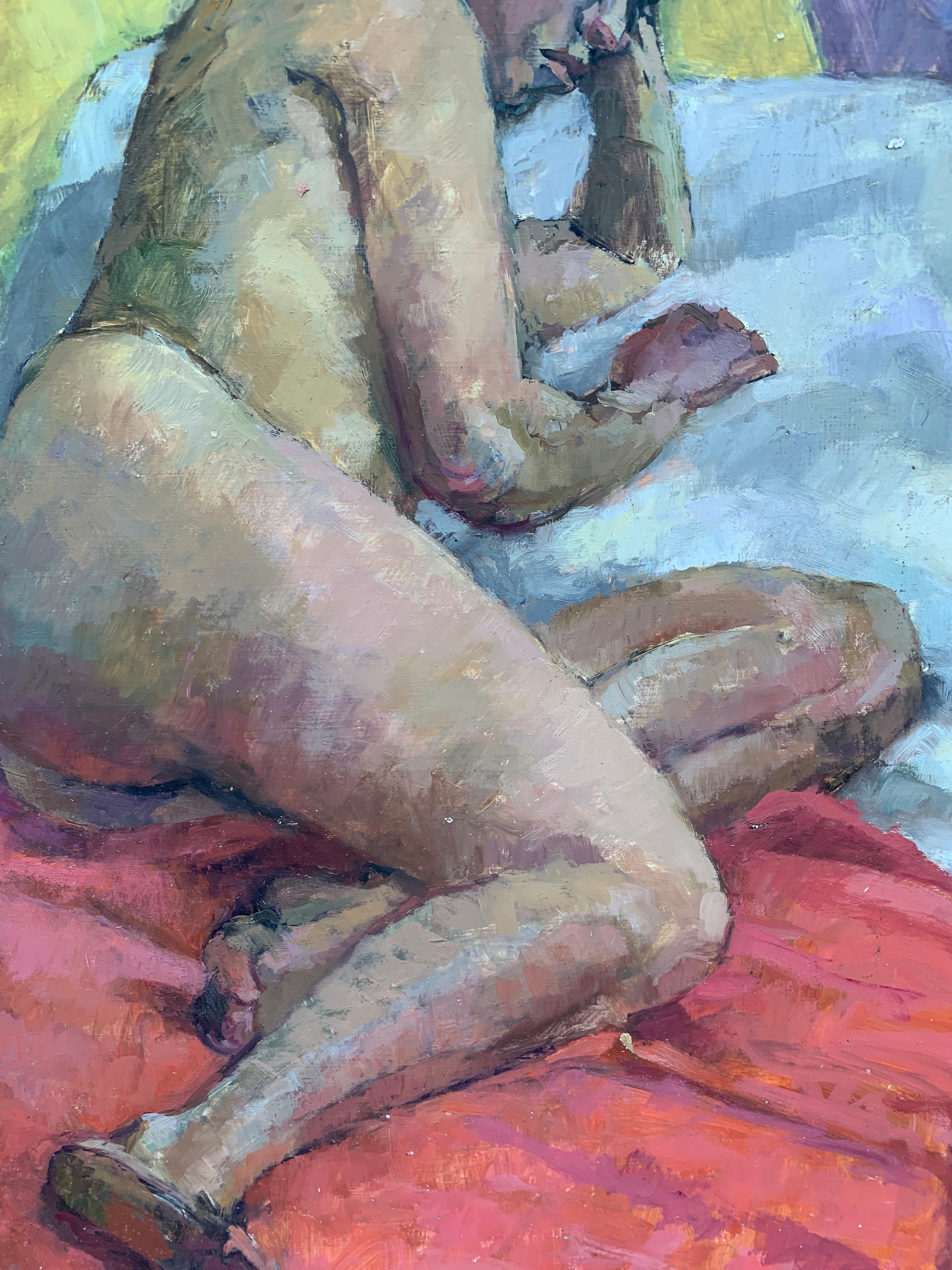 1950's Mid Century modern oil portrait of a nude woman laying on a bed - Abstract Impressionist Painting by Laure Jessop