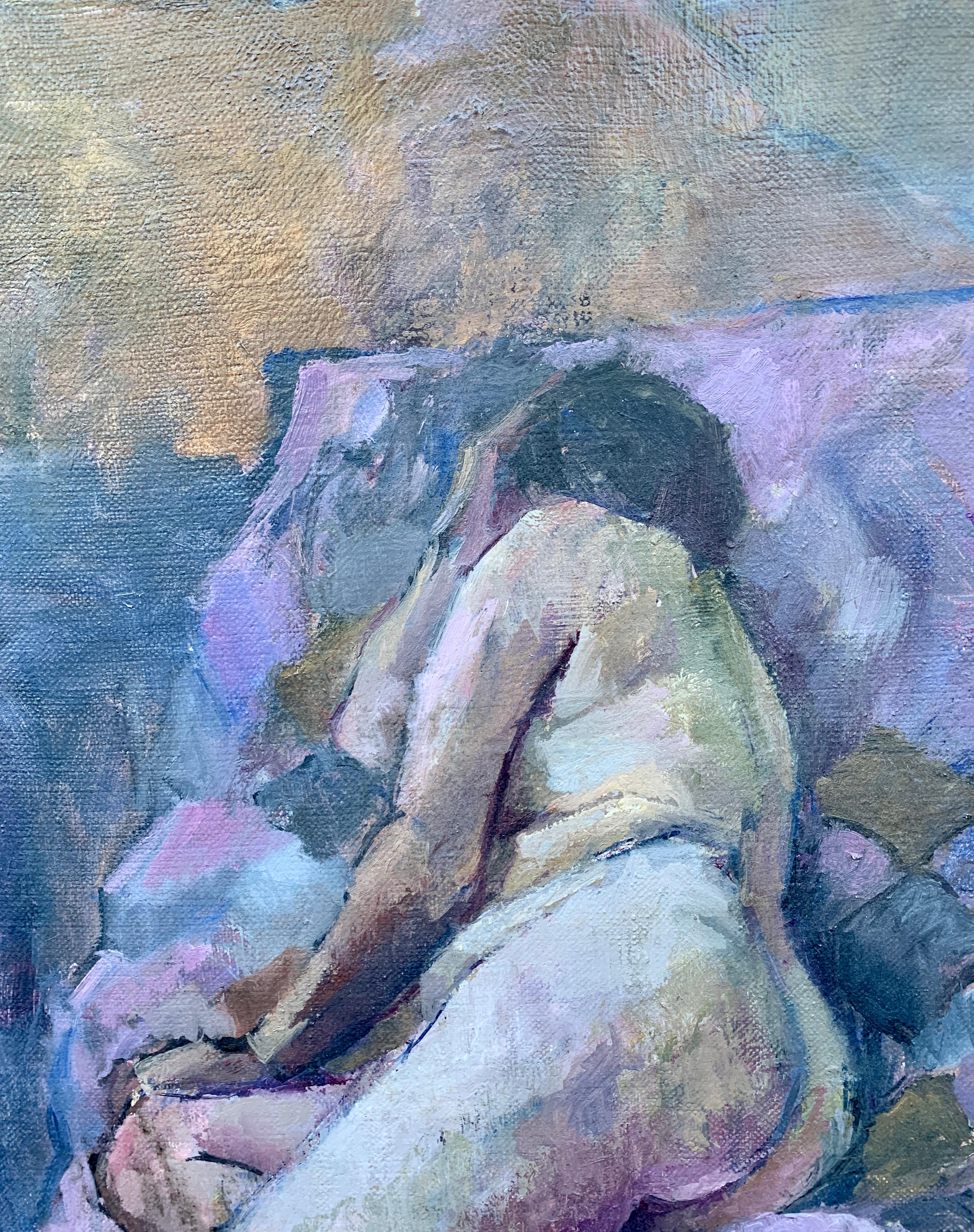 1950's Mid Century modern oil portrait of a nude woman laying on a bed - Gray Portrait Painting by Laure Jessop
