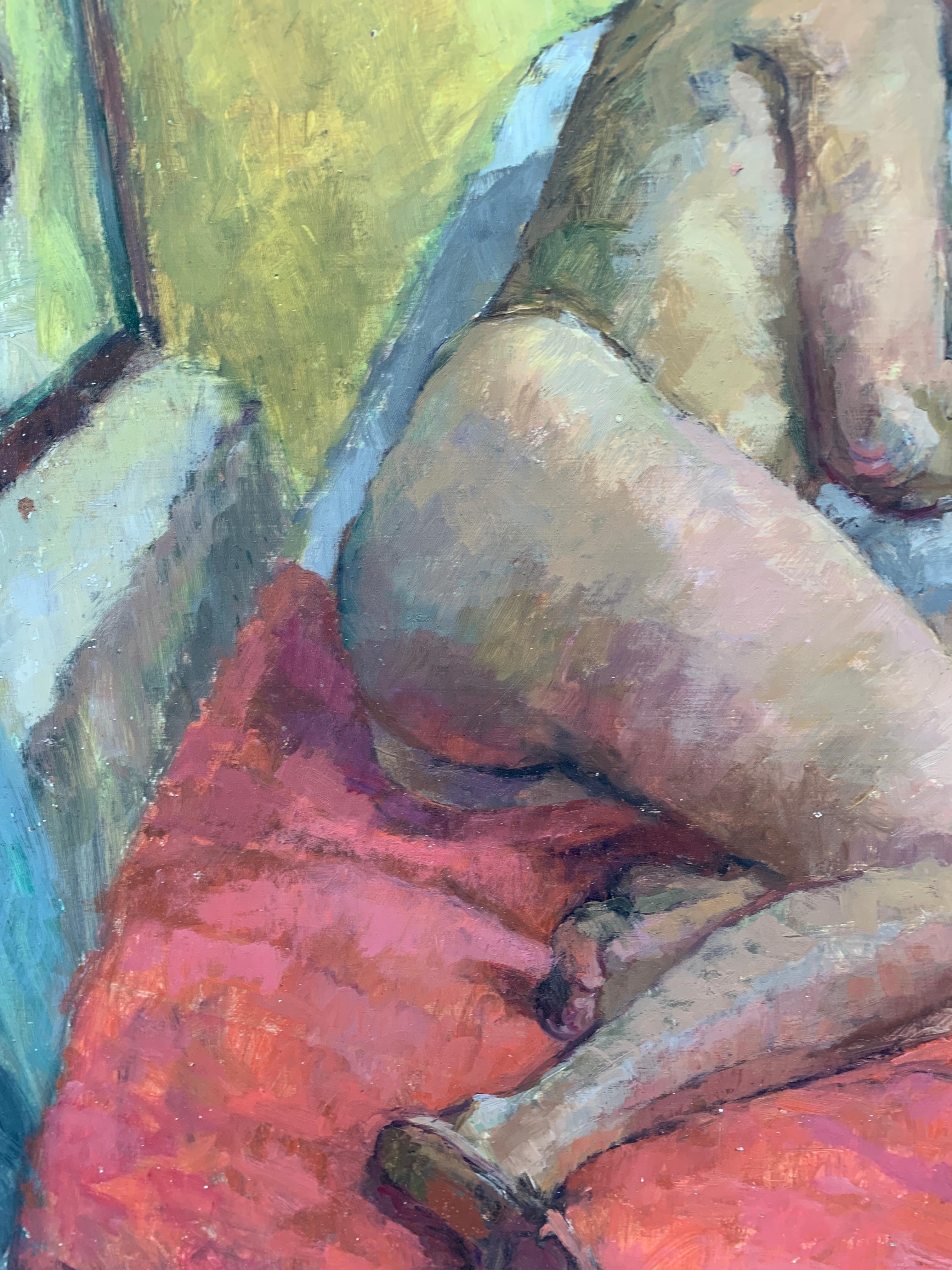 Gut gemaltes englisches Porträt einer nackten Frau aus der Mitte des Jahrhunderts (1950), die auf einem Bett liegt.

Der Künstler war ein Porträt- und Figurenmaler, der in den 1950er und 1960er Jahren tätig war

Öle auf Malerkarton

Aus einer