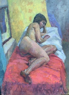Vintage 1950's Mid Century modern oil portrait of a nude woman laying on a bed