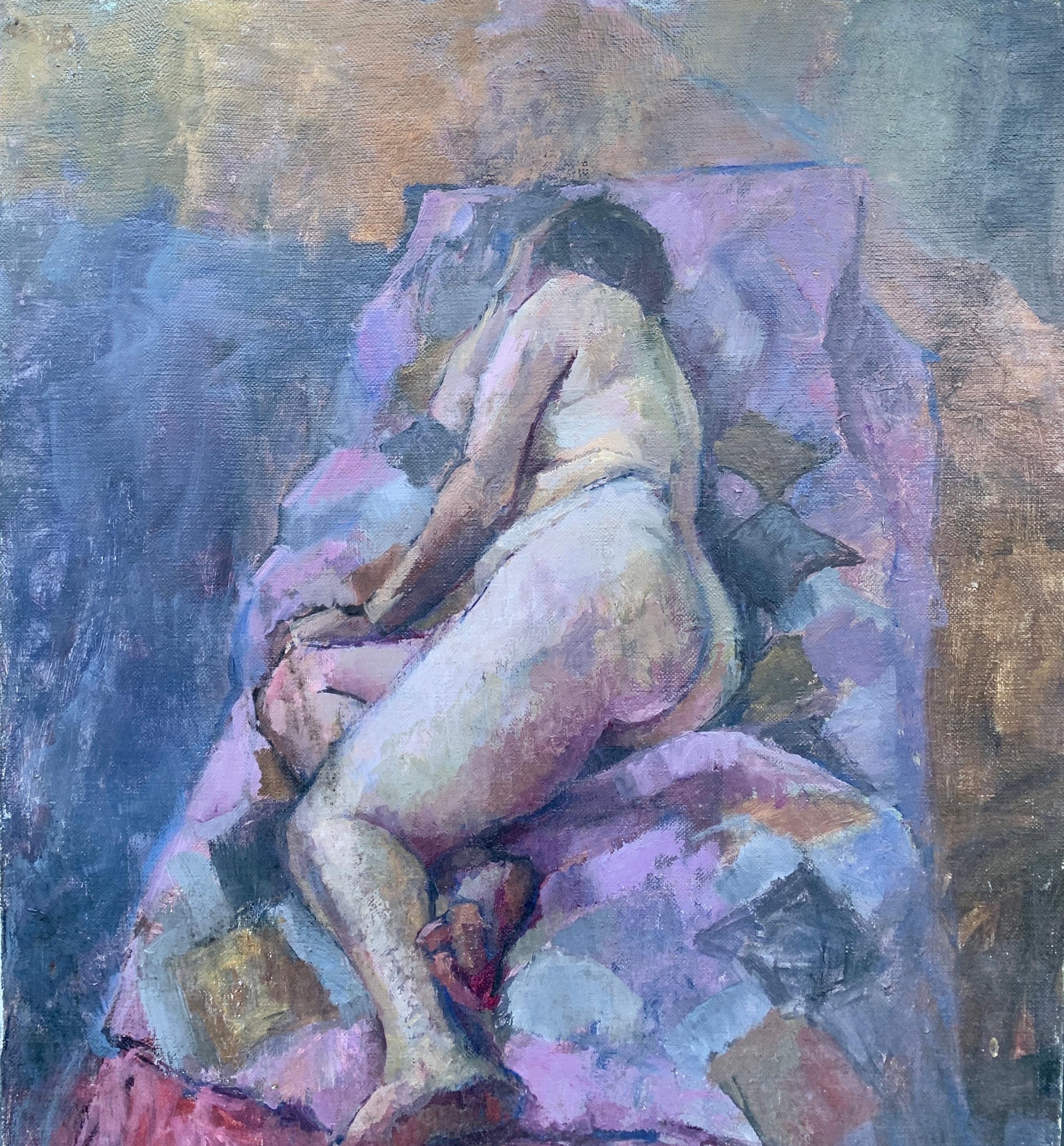 Portrait Painting Laure Jessop - Portrait à l'huile moderne du milieu du siècle dernier d'une femme nue allongée sur un lit, années 1950