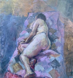 Vintage 1950's Mid Century modern oil portrait of a nude woman laying on a bed