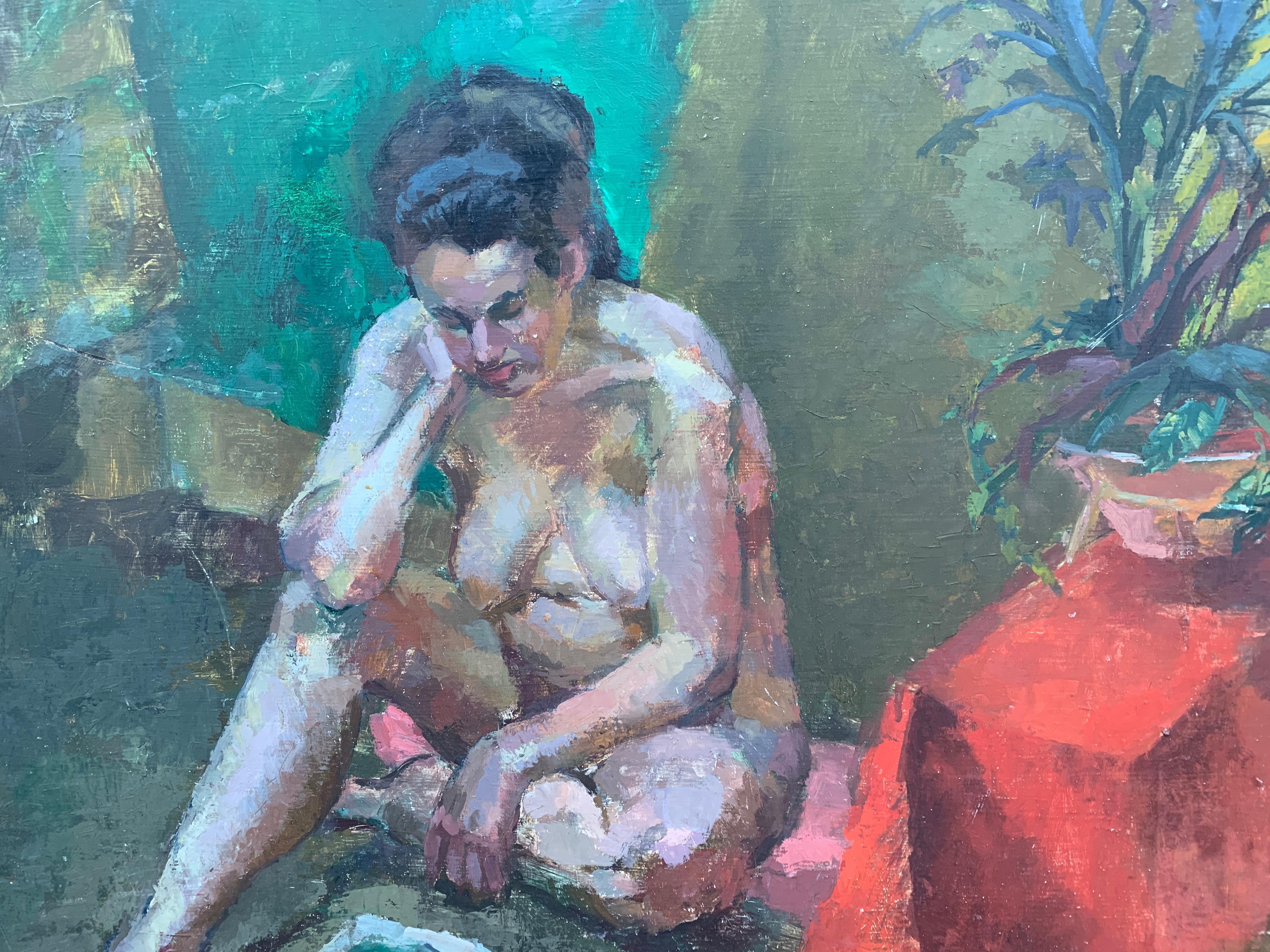 1950's Mid Century modern oil portrait of a nude woman reading, seated - Painting by Laure Jessop