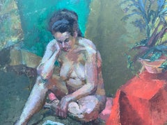 1950's Mid Century modern oil portrait of a nude woman reading, seated