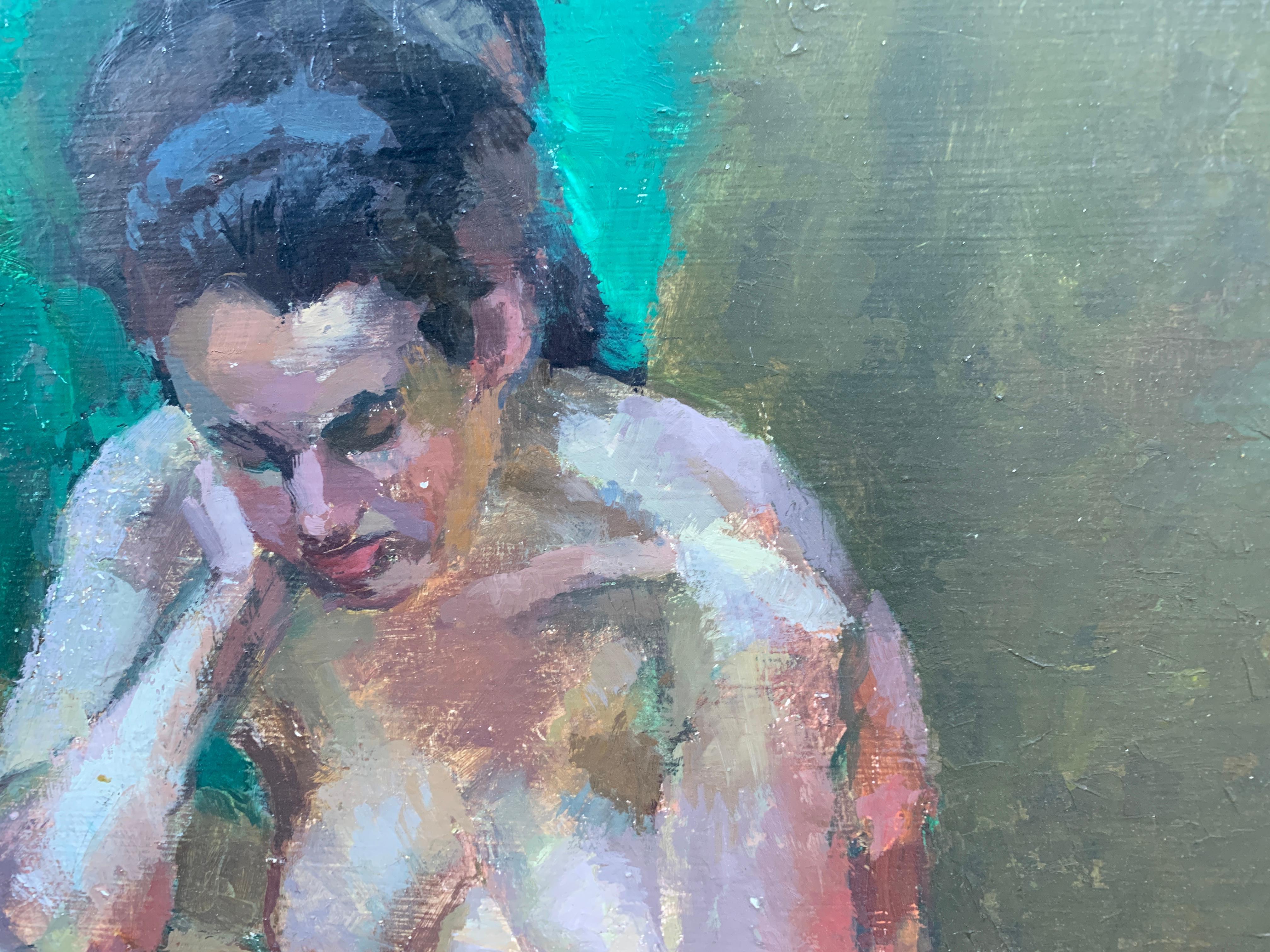 1950's Mid Century modern oil portrait of a nude woman reading, seated - Abstract Impressionist Painting by Laure Jessop