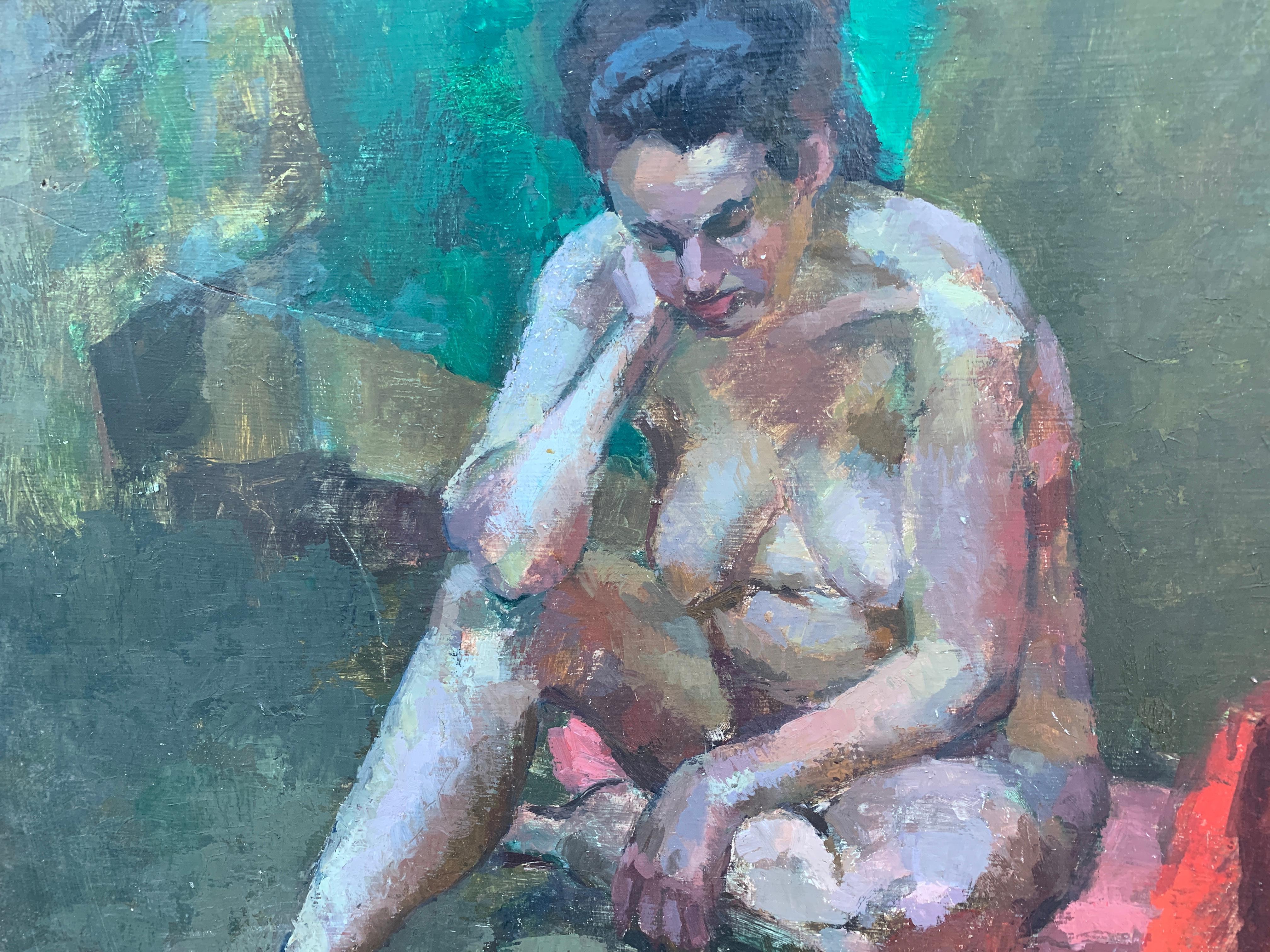 1950's Mid Century modern oil portrait of a nude woman seated reading in an interior.

The artist was a portrait and figure painter active during the 1950s-1960s

Great use of color and abstract brush strokes.

Oils on artists board

From a private