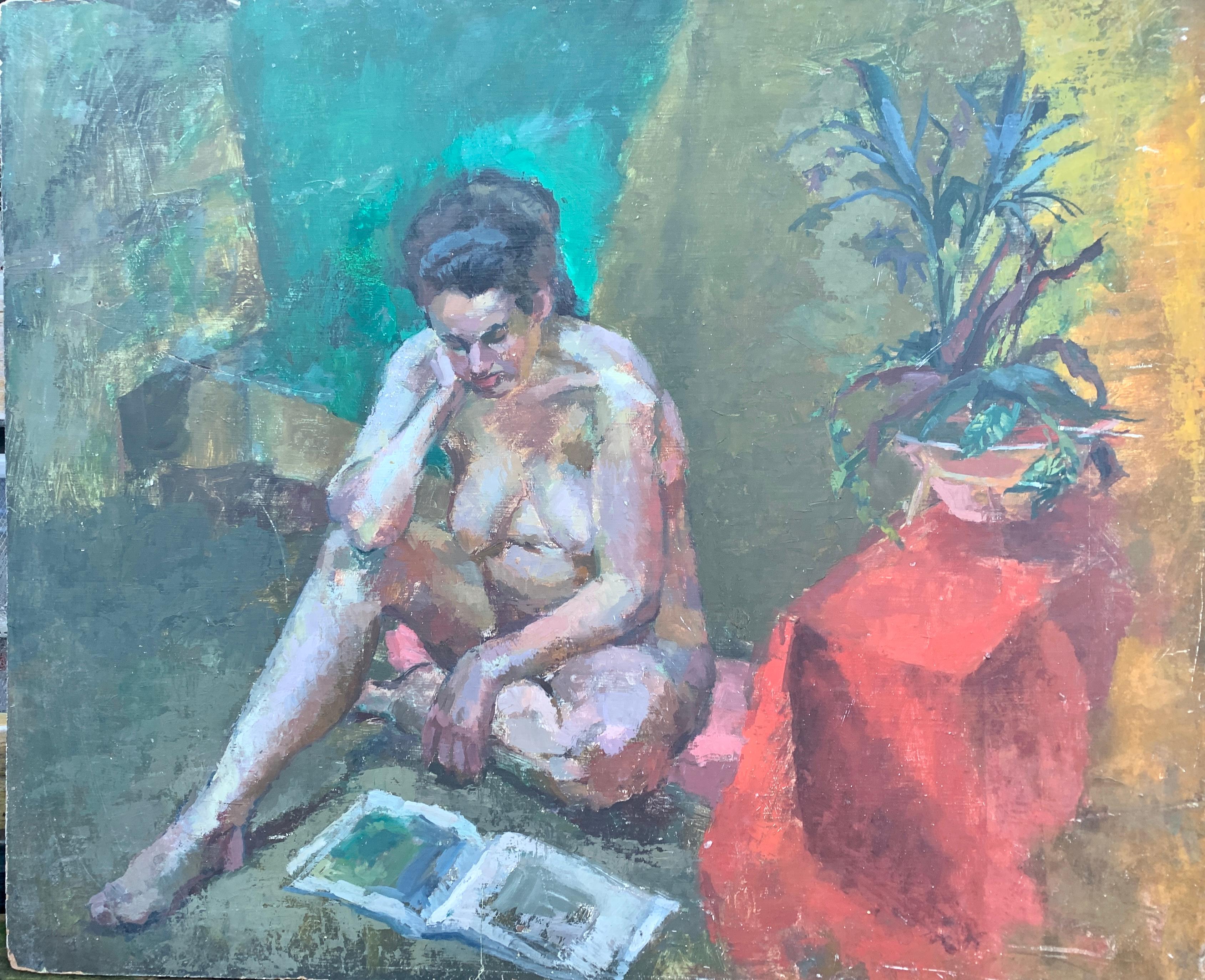 1950's Mid Century modern oil portrait of a nude woman reading, seated