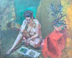 1950's Mid Century modern oil portrait of a nude woman reading, seated