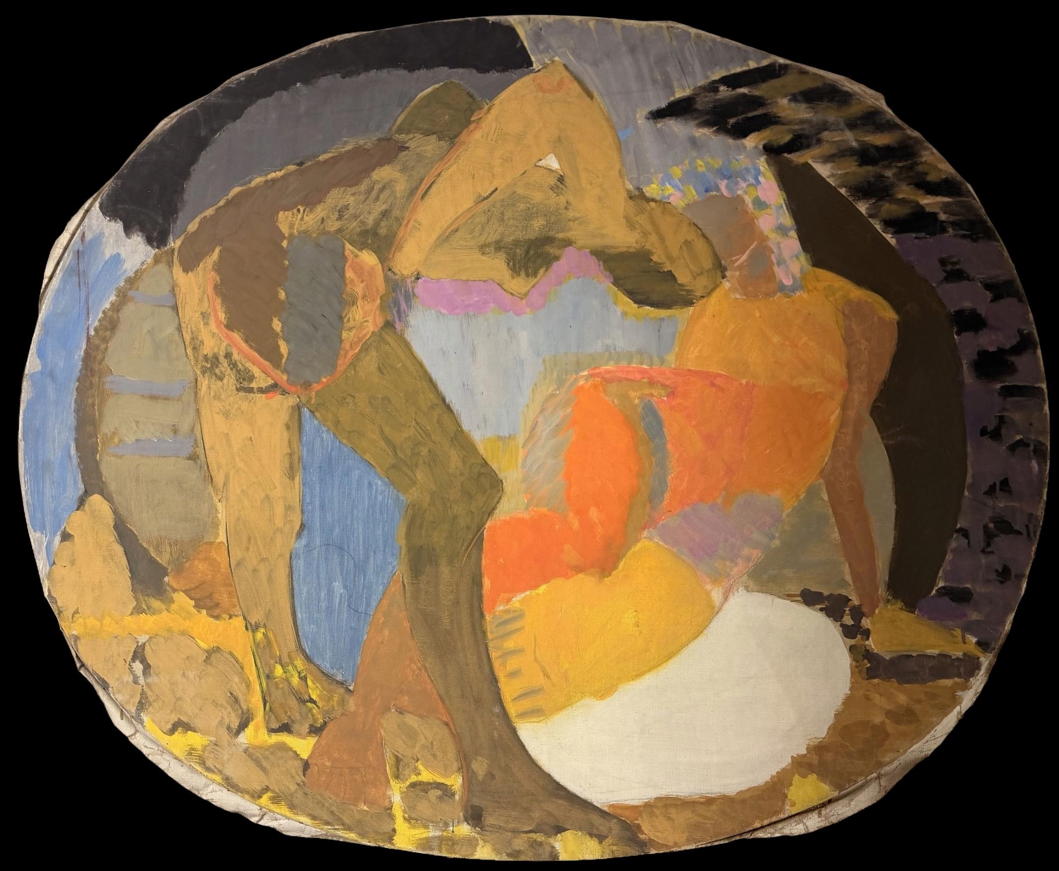 1950's French Oil Painting Large Cubist Reclining Nude Modernist Figures