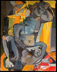 1950's French Post-Cubist Ölgemälde Akt Figur Abstrakt Grau Picasso Stil