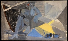 1950's Post Cubist Seated Female Nude Interior Composition French Oil Painting