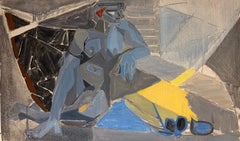 1950's Post Cubist Seated Female Nude Interior Composition French Oil Painting