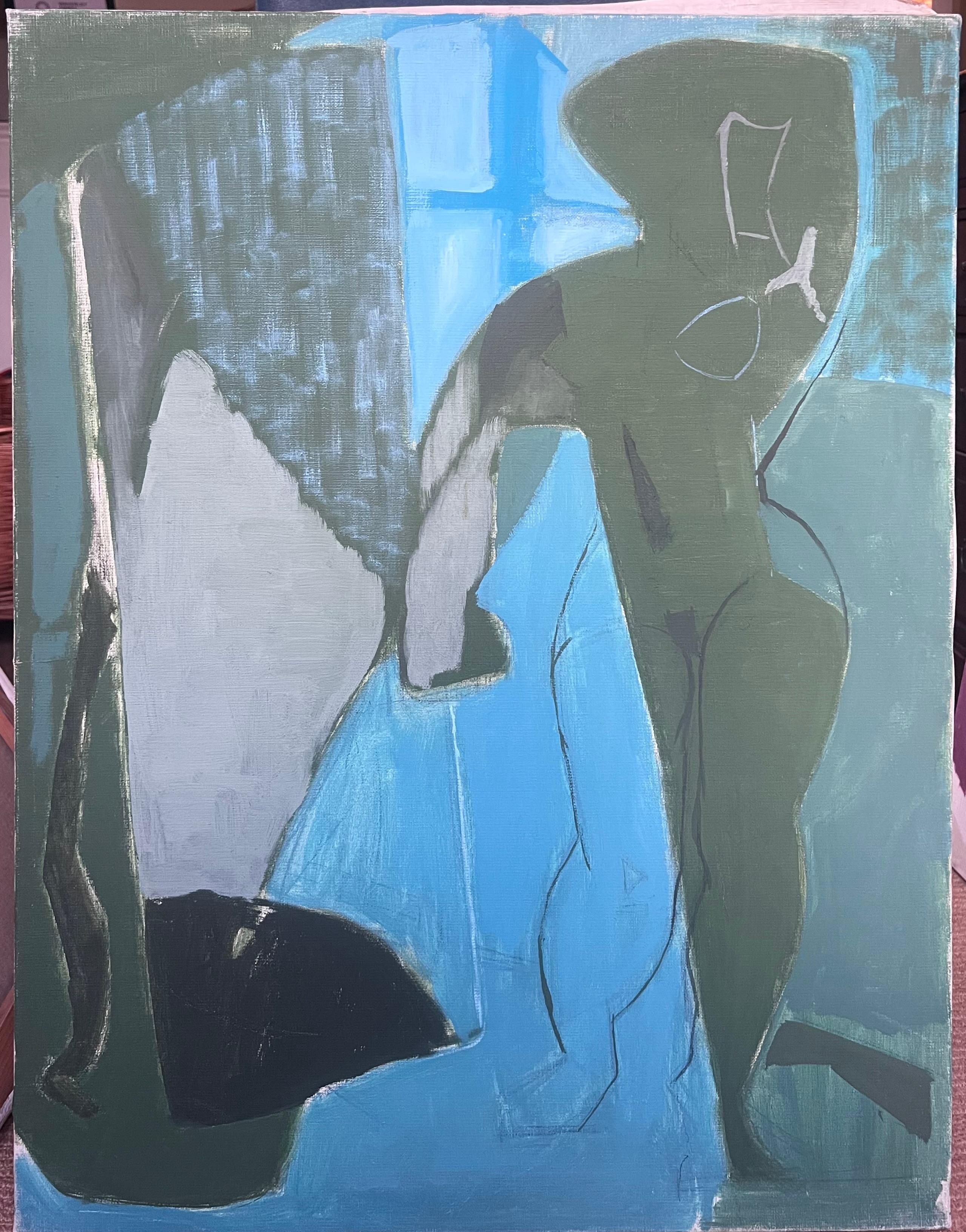 20. Jahrhundert Französisch Modernist Ölgemälde Kubistische Figur Grau Schwarz und Blau – Painting von Laure Noetzin-Azam (French 1929-2024)