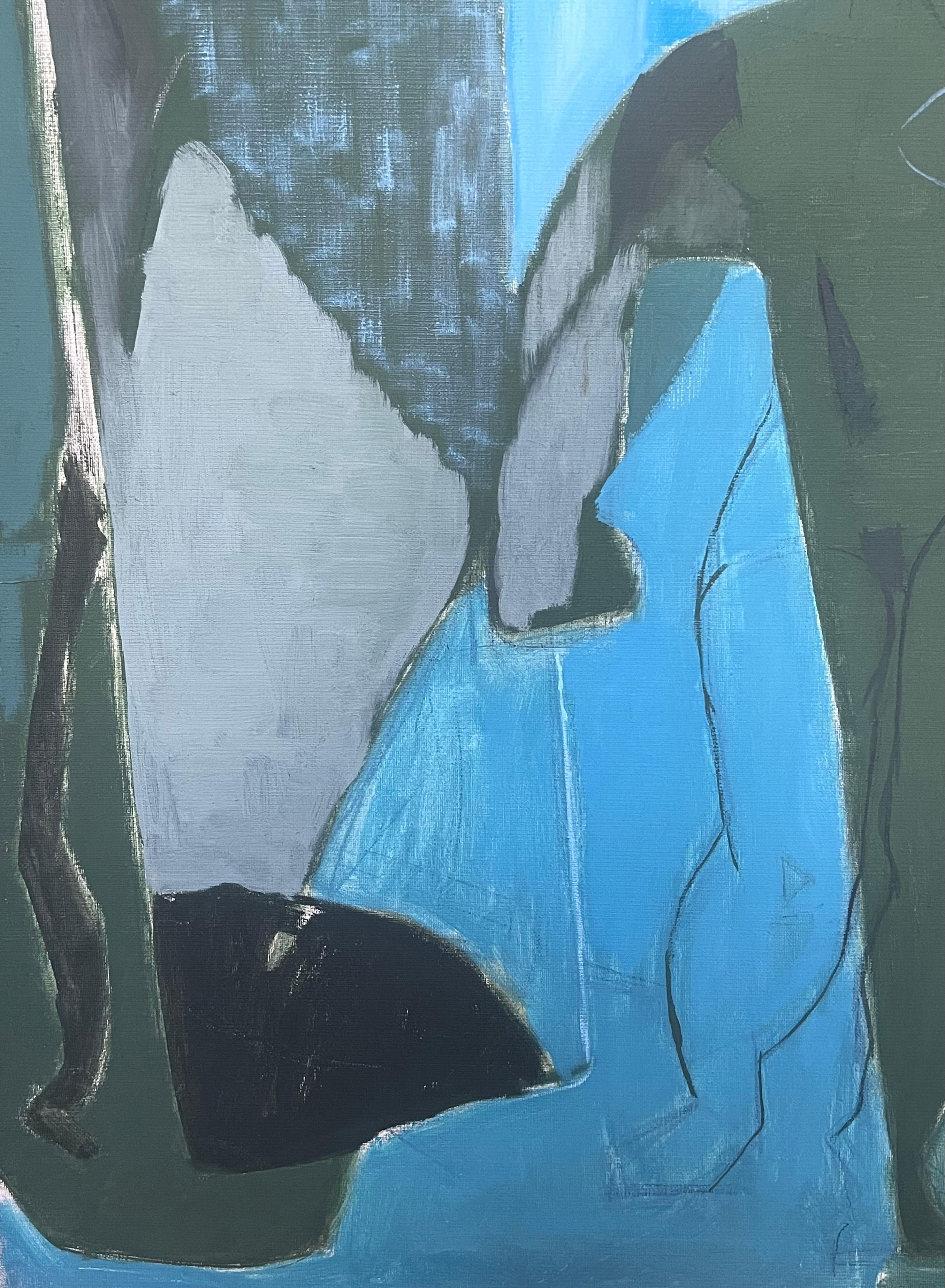 20. Jahrhundert Französisch Modernist Ölgemälde Kubistische Figur Grau Schwarz und Blau im Angebot 1