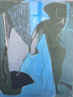 20th Century French Modernist Oil Painting Cubist Figure Grey Black and Blue