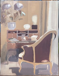 20th Century French Modernist Oil Painting Interior Salon Bureau Desk & Chair