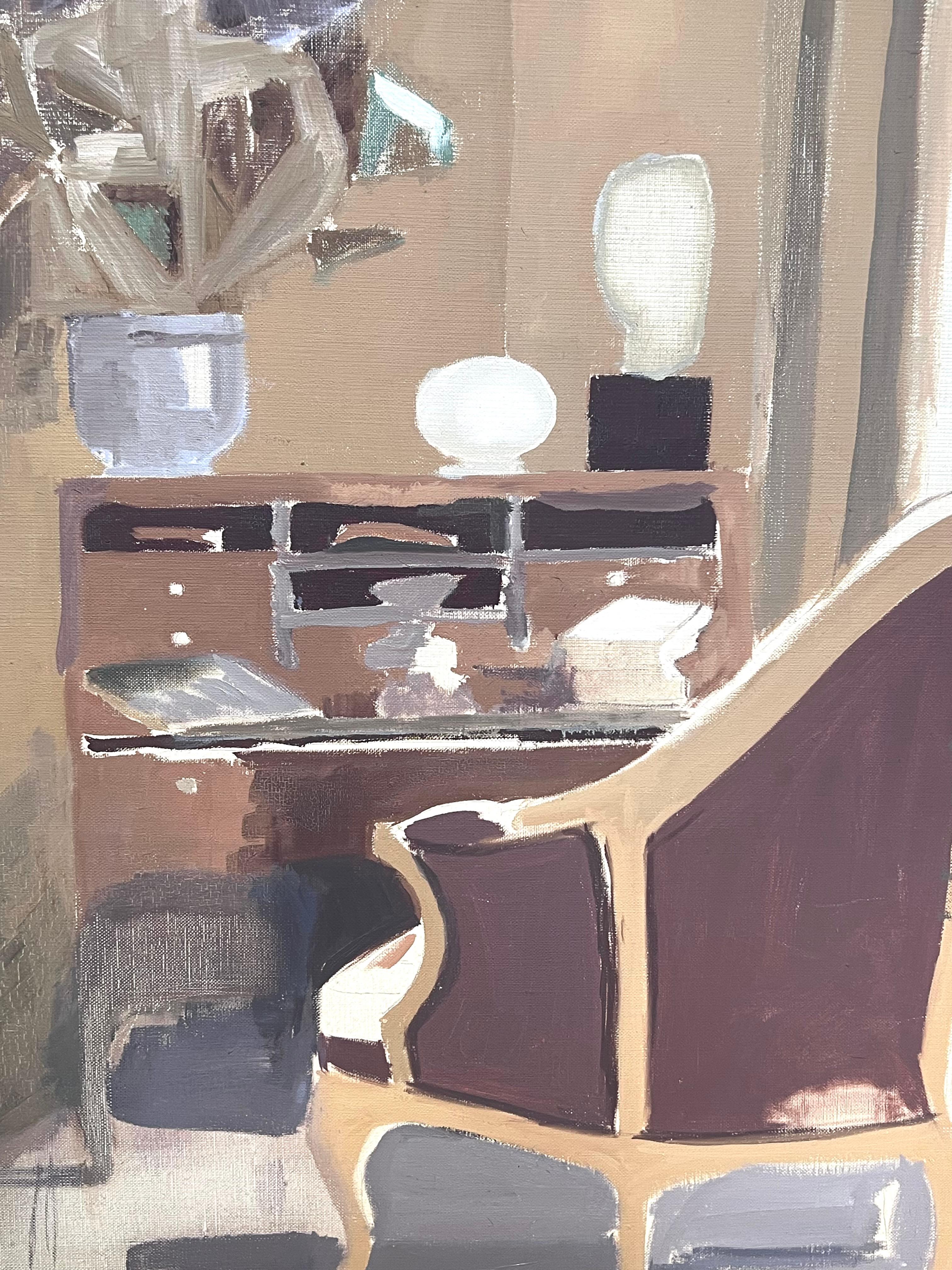 Peinture à l'huile moderniste française du 20e siècle Intérieur Salon Bureau Bureau et Chaise - Cubisme Painting par Laure Noetzin-Azam (French 1929-2024)