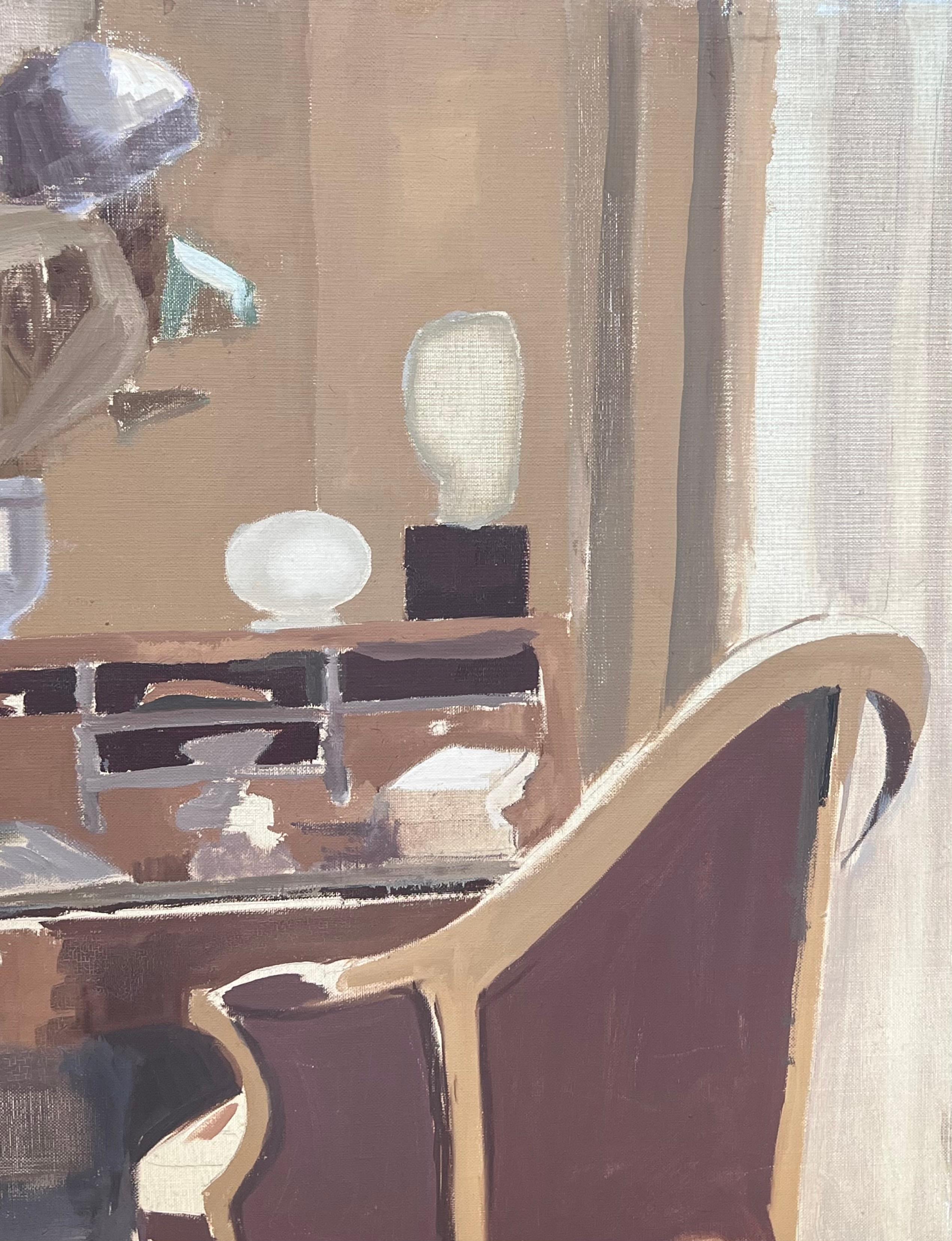 Peinture à l'huile moderniste française du 20e siècle Intérieur Salon Bureau Bureau et Chaise - Marron Interior Painting par Laure Noetzin-Azam (French 1929-2024)