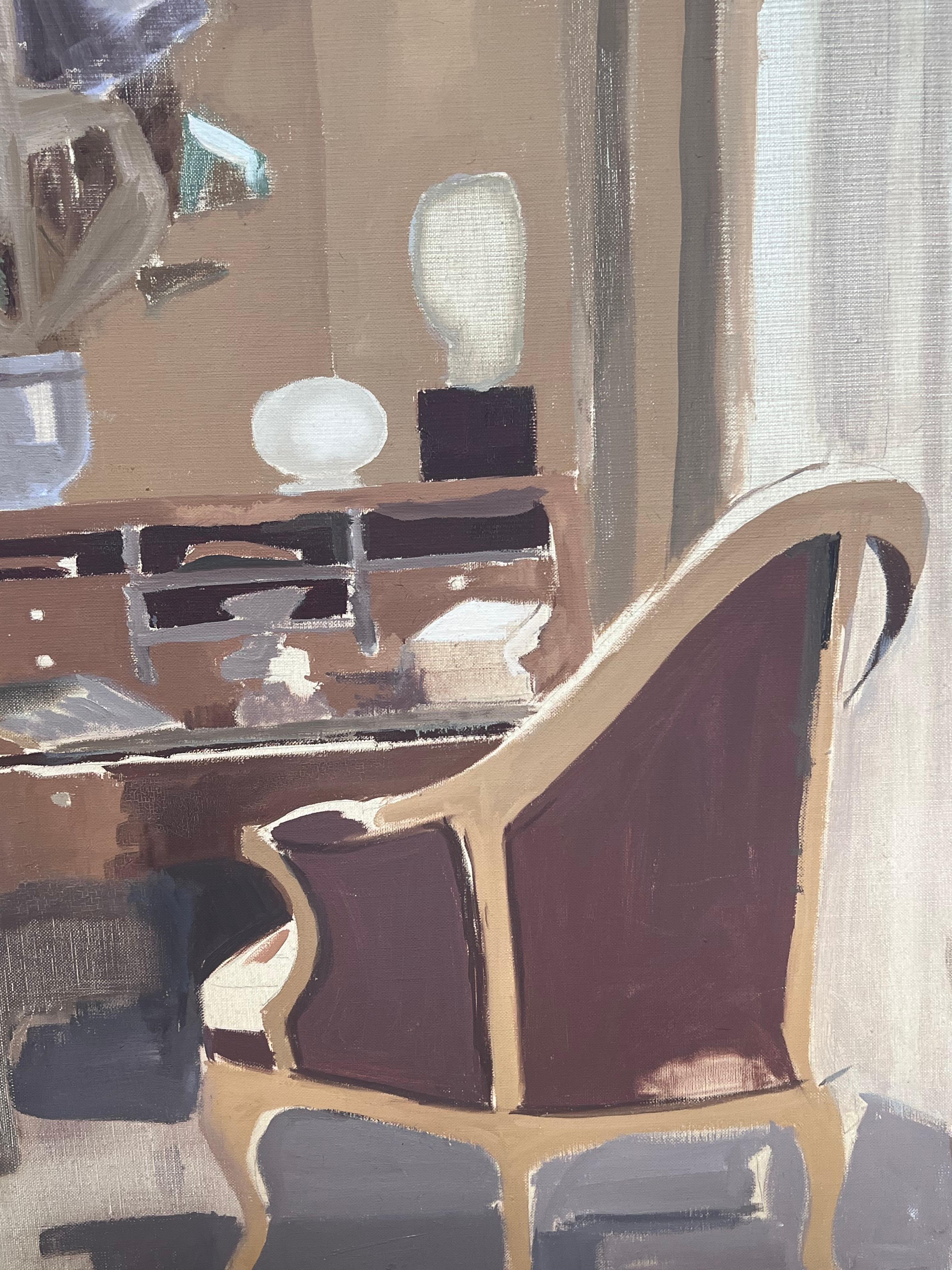 Chambre intérieure élégante avec bureau et chaise de style rococo
par Laure Noetzin-Azam (française 1929-2024) élève d'André LHOTE
huile sur toile, non encadrée
toile : 25.5 x 20 pouces
Provenance : tous les tableaux de cet artiste que nous