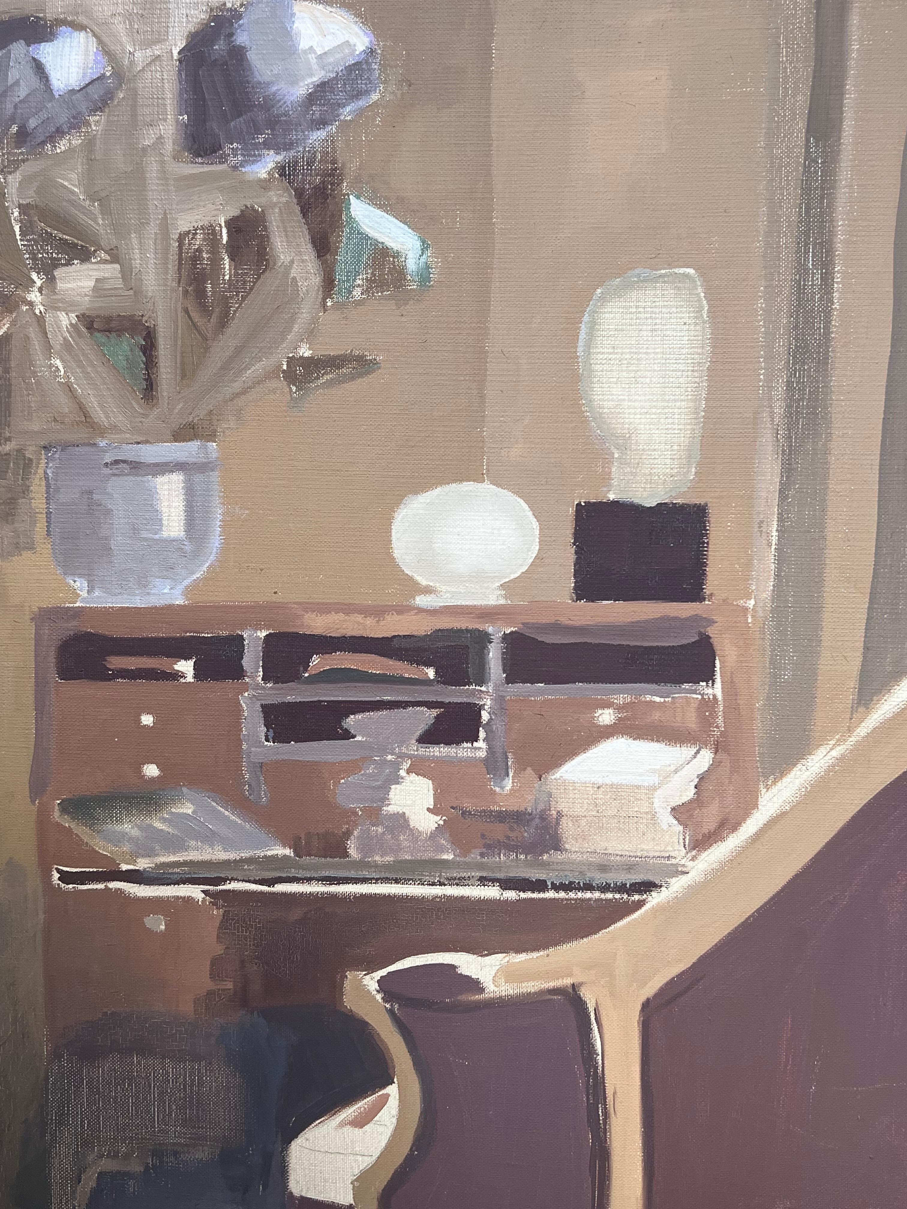 Peinture à l'huile moderniste française du 20e siècle Intérieur Salon Bureau Bureau et Chaise en vente 1