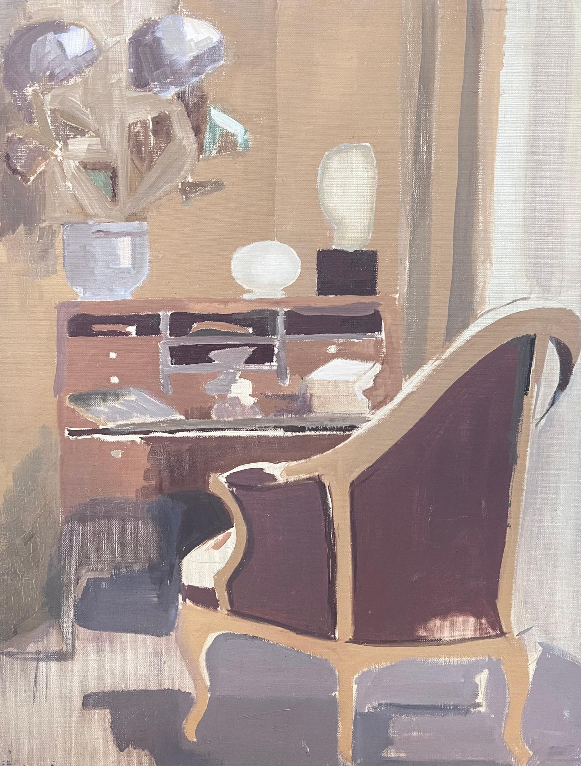 Peinture à l
huile moderniste française du 20e siècle Intérieur Salon Bureau Bureau et Chaise