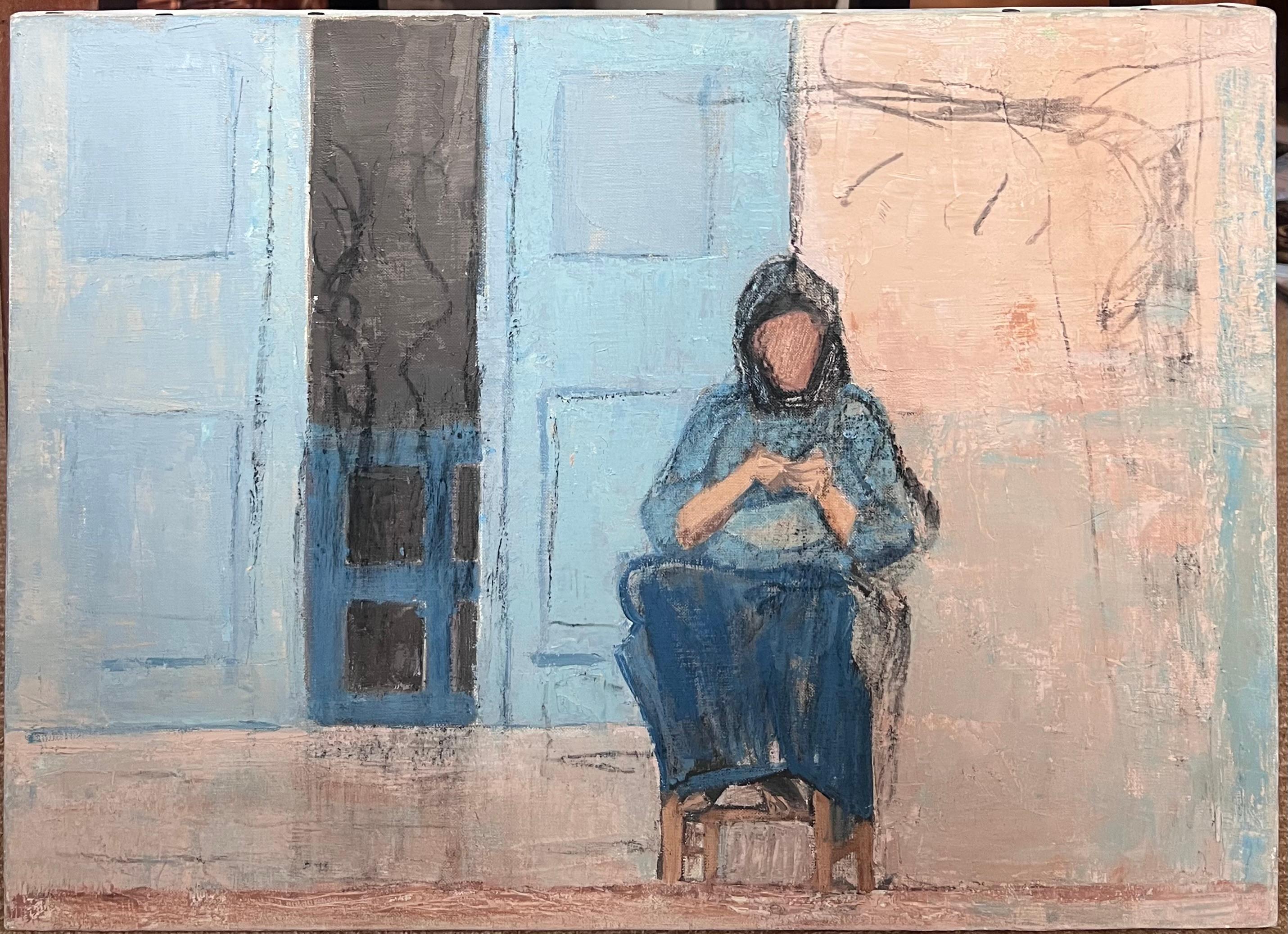 20. Jahrhundert Französisch Modernist Ölgemälde Lady Seating auf Old Street – Painting von Laure Noetzin-Azam (French 1929-2024)