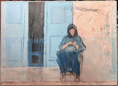 20th Century French Modernist Oil Painting Lady Seating on Old Street