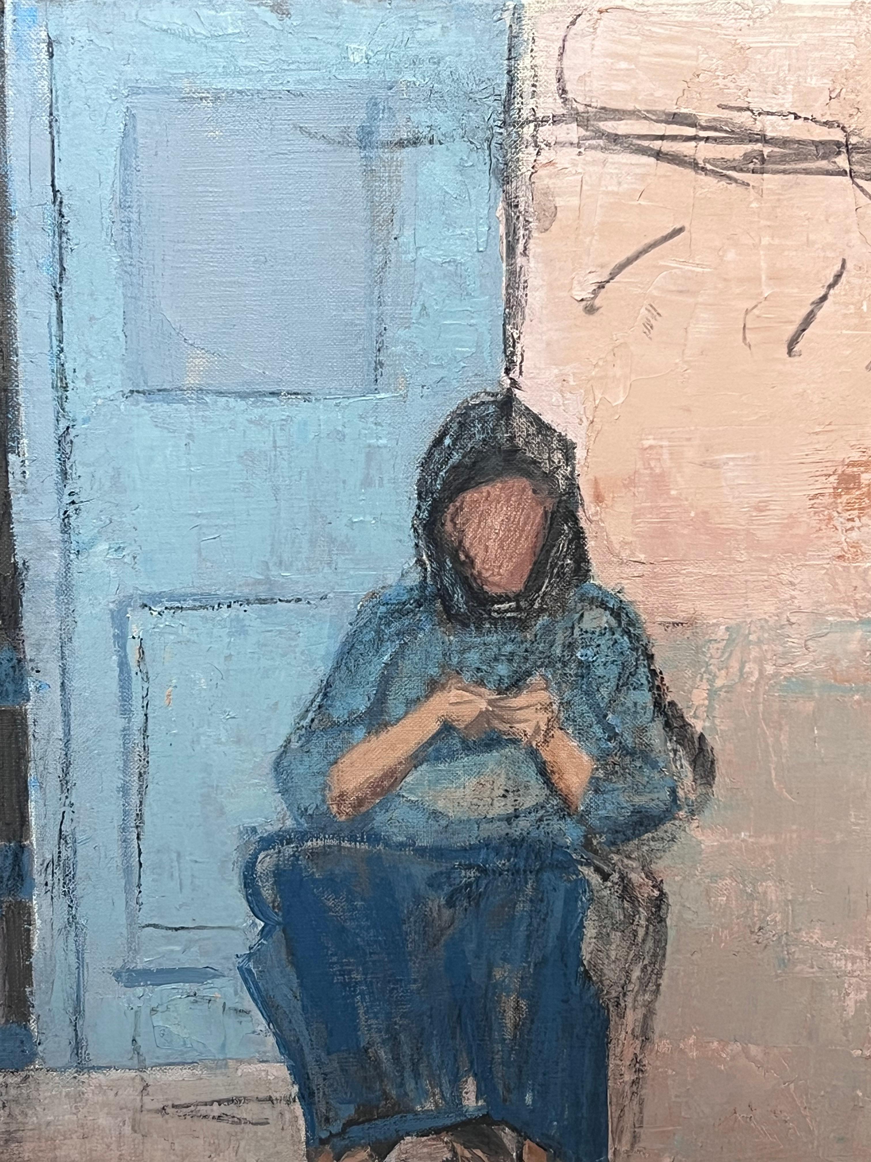 20. Jahrhundert Französisch Modernist Ölgemälde Lady Seating auf Old Street (Kubismus), Painting, von Laure Noetzin-Azam (French 1929-2024)