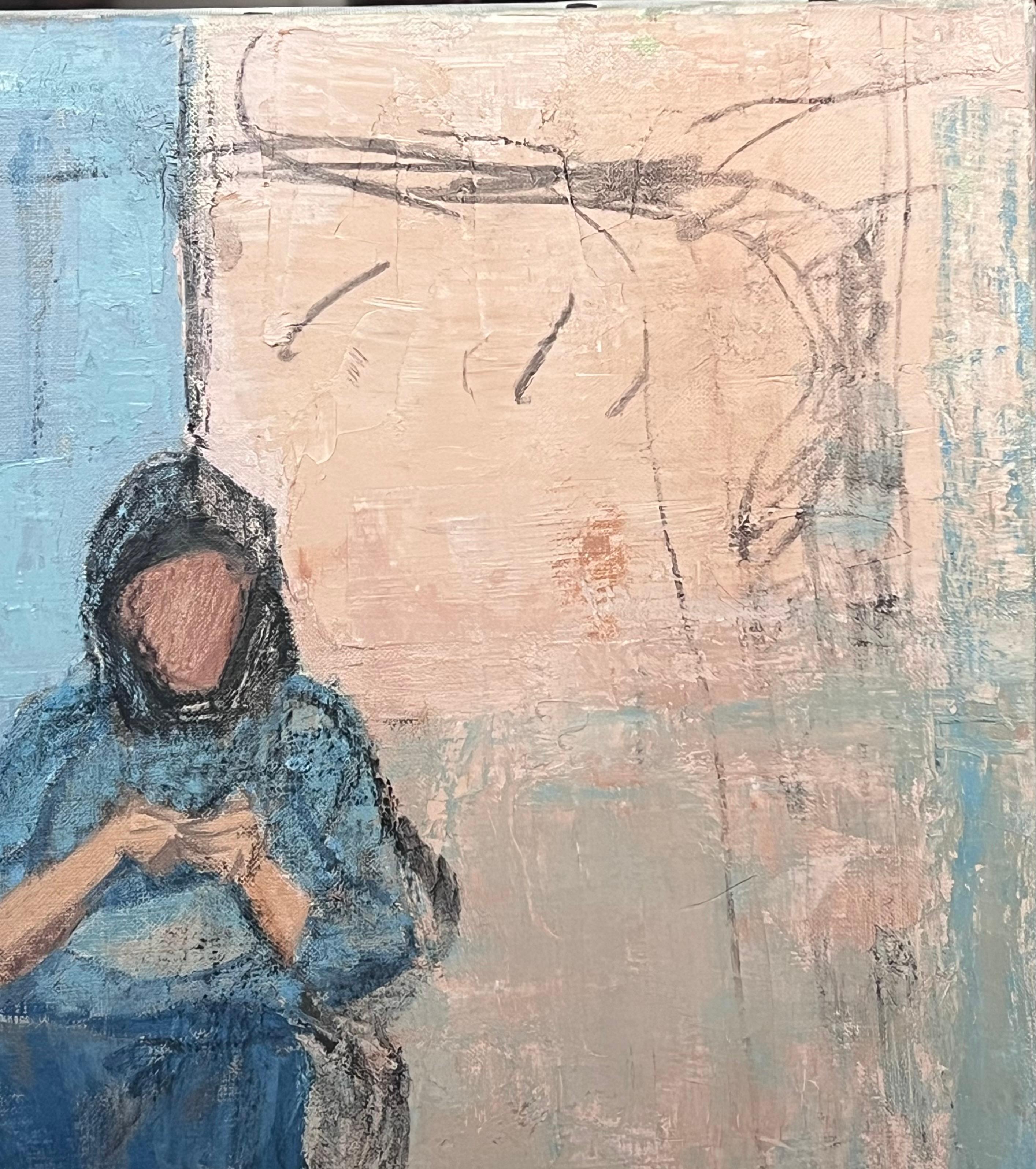 20. Jahrhundert Französisch Modernist Ölgemälde Lady Seating auf Old Street im Angebot 1