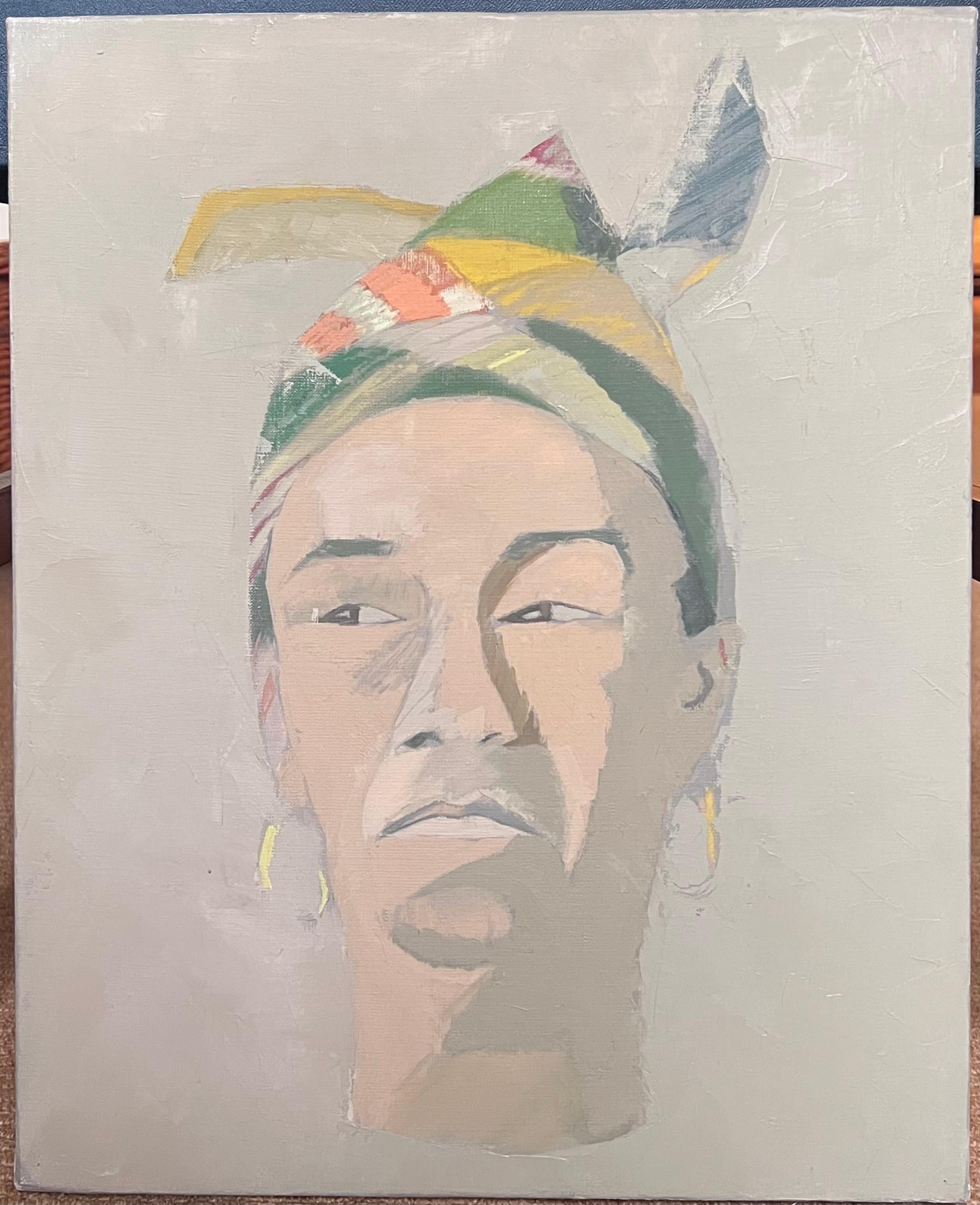 20. Jahrhundert Französisch Modernist Ölgemälde Porträt Frau in Kopftuch – Painting von Laure Noetzin-Azam (French 1929-2024)