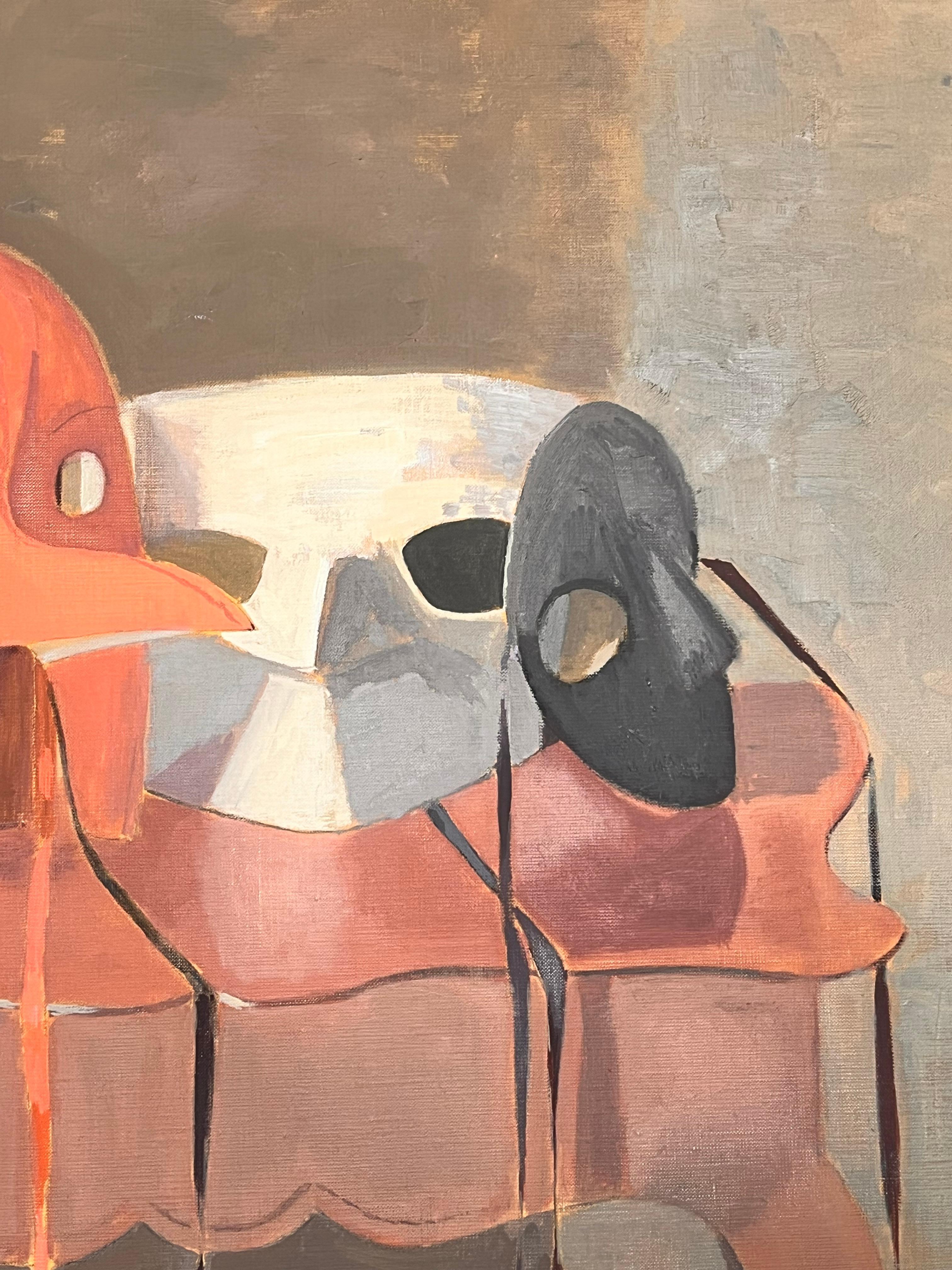 20. Jahrhundert Französisch Modernist Ölgemälde venezianischen Masken Stillleben (Beige), Still-Life Painting, von Laure Noetzin-Azam (French 1929-2024)