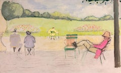 20th Century French Oil Painting Figures Seated in French Park on Chairs