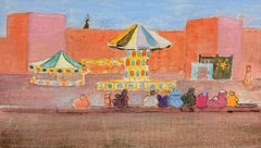 Children Watching a Fairground Carousel French Modernist 20th Century Painting