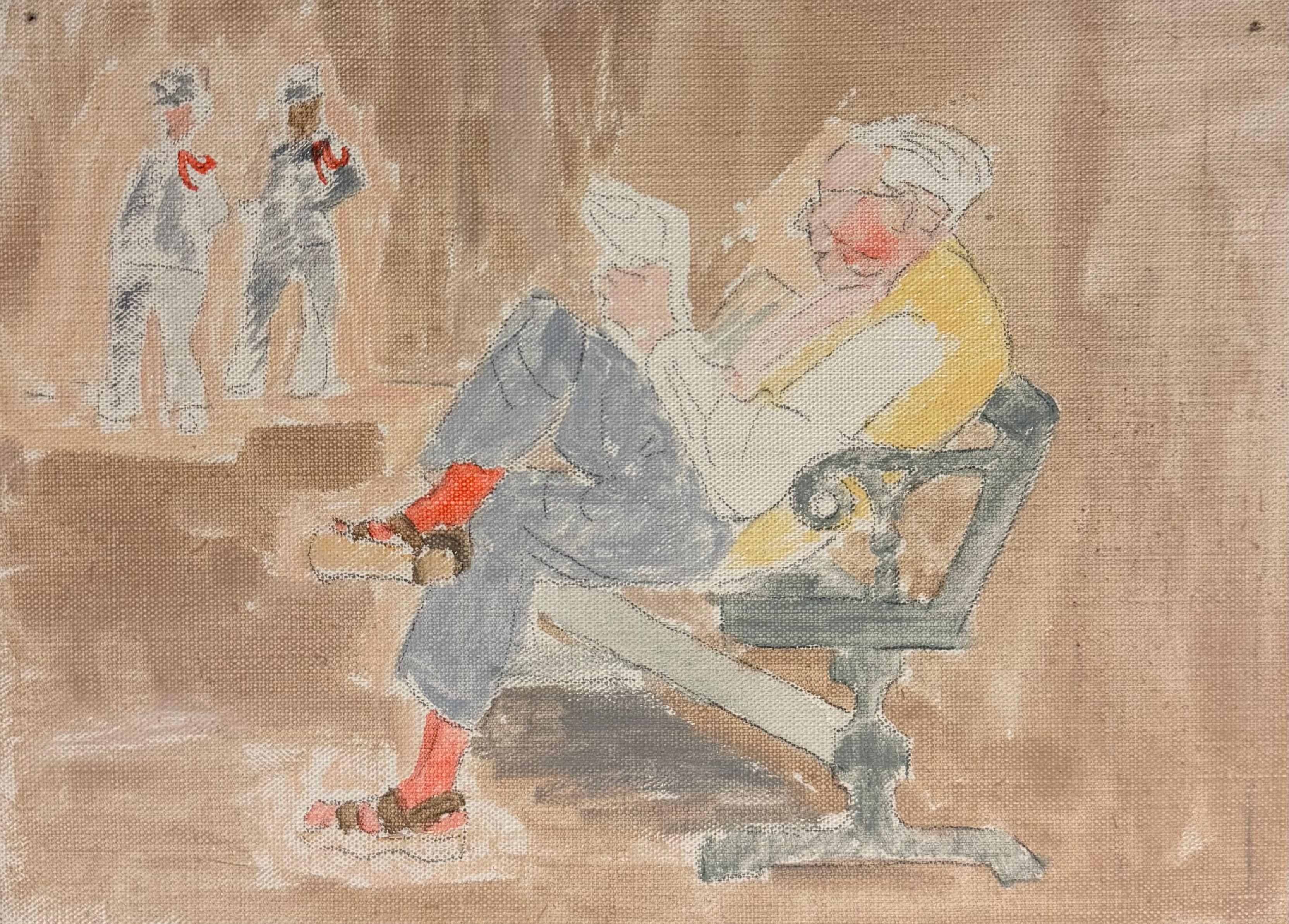 Elderly Gentleman Reading on Park Bench French Modernist 20th Century Painting