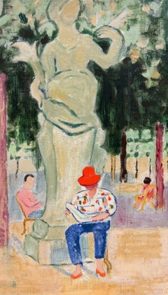 Personnage coiffé d'un chapeau coloré, en train de lire à l'ombre d'une statue classique dans les jardins de Paris – Français